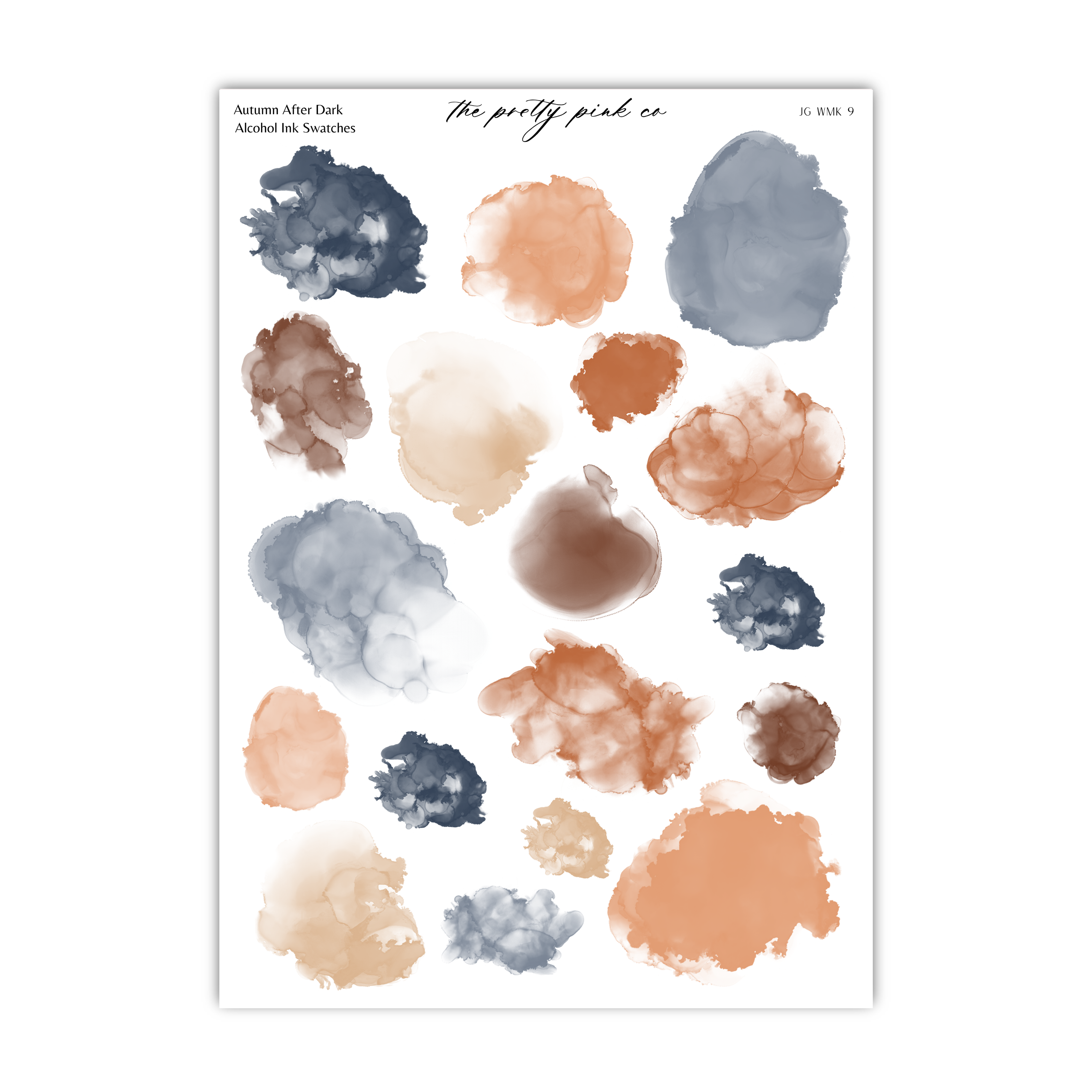 a collection of abstract watercolor brush strokes in various shades of blue, orange, and brown, arranged in a grid-like pattern.