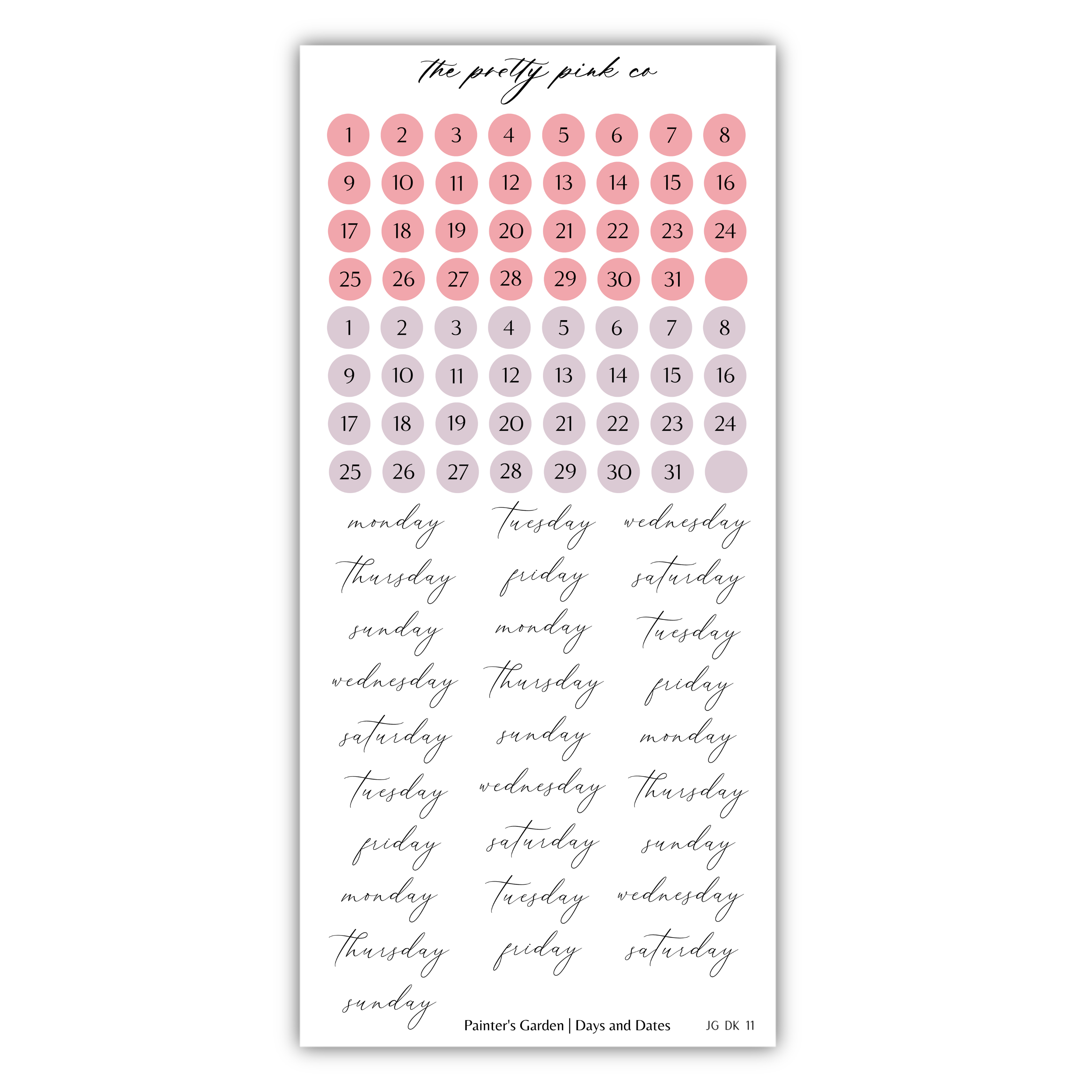 The image is a calendar with a pink background and a grid of red circles representing the days of the week. The calendar is titled "The pretty pink co" and includes a list of days of the week written in a cursive font.