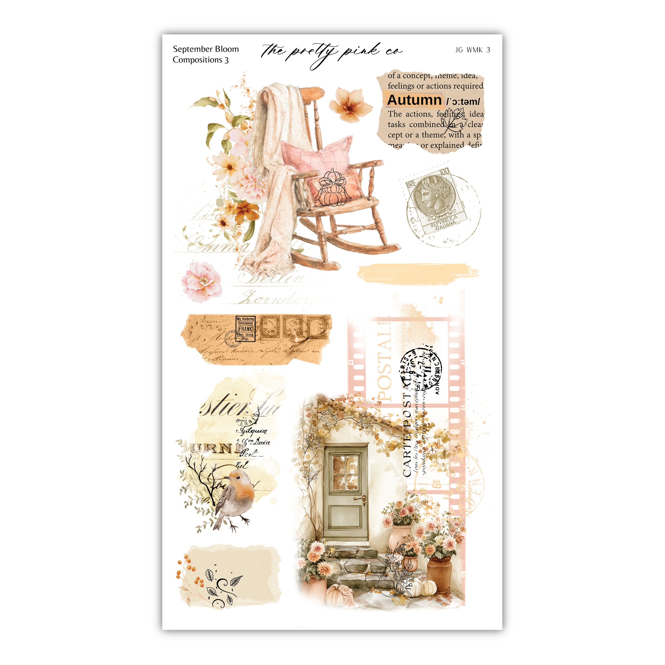 The image is a collage of various autumn-themed elements, including a rocking chair, flowers, pumpkins, and a postcard. The collage is titled "The pretty pink co" and includes text that describes the content as a "concept, JEWELRY, feelings or actions required" and "Autumn (fall) idea, tasks or a theme with a clear explanation".