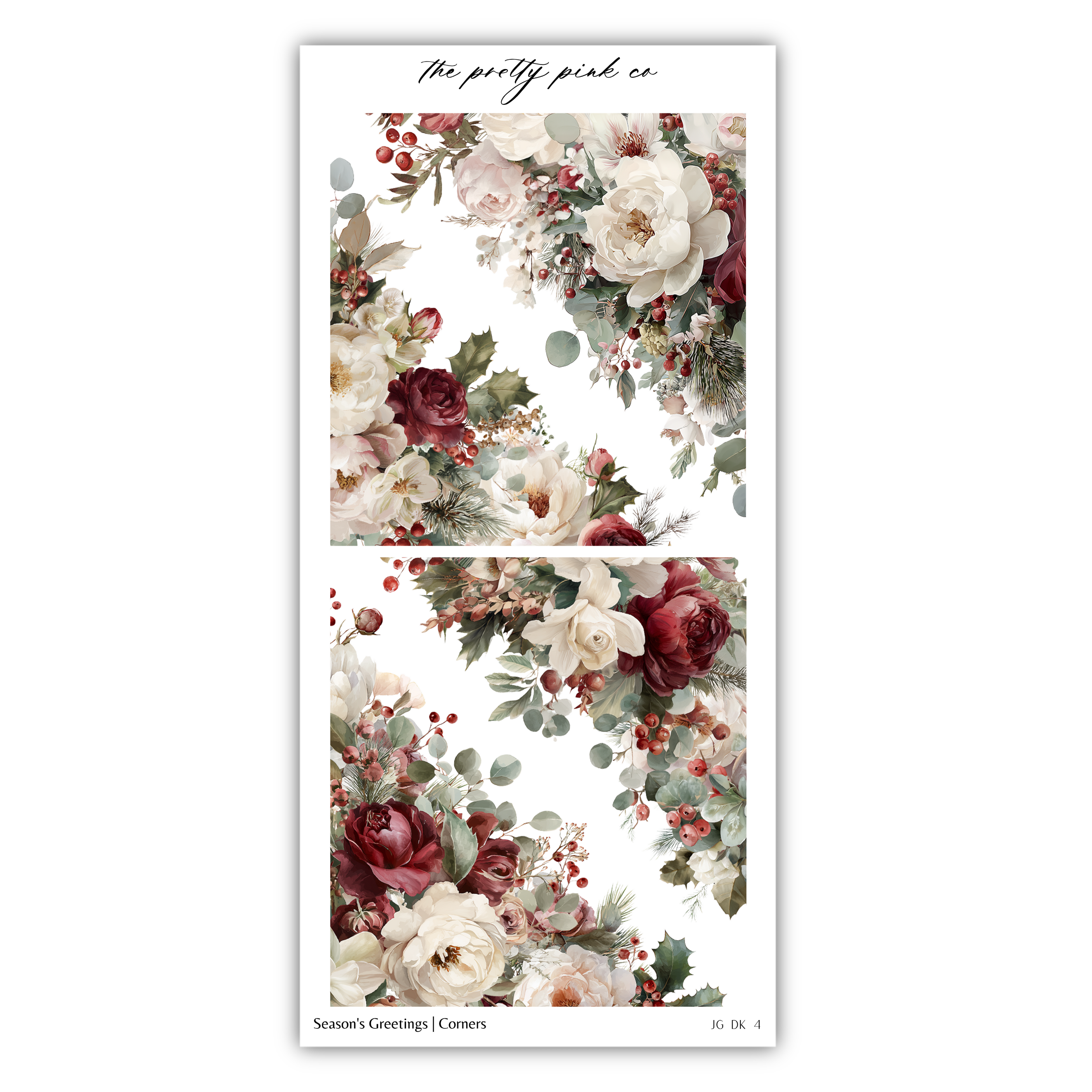 The image is a collage of two floral images, each featuring a variety of flowers and greenery. The images are arranged in a vertical format, with the top image on the left and the bottom image on the right. The flowers in the images are predominantly white and red, with some greenery and berries interspersed throughout. The collage is titled "The pretty pink co" and includes the phrase "Season's greetings / corners" at the bottom.
