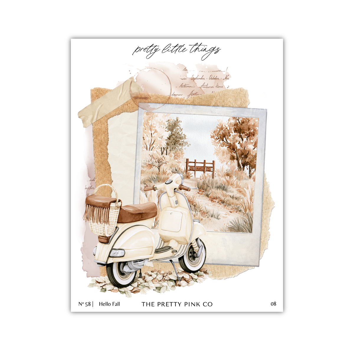 The image is a collage featuring a vintage-style scooter, a scenic landscape, and a handwritten caption that reads "pretty little things".