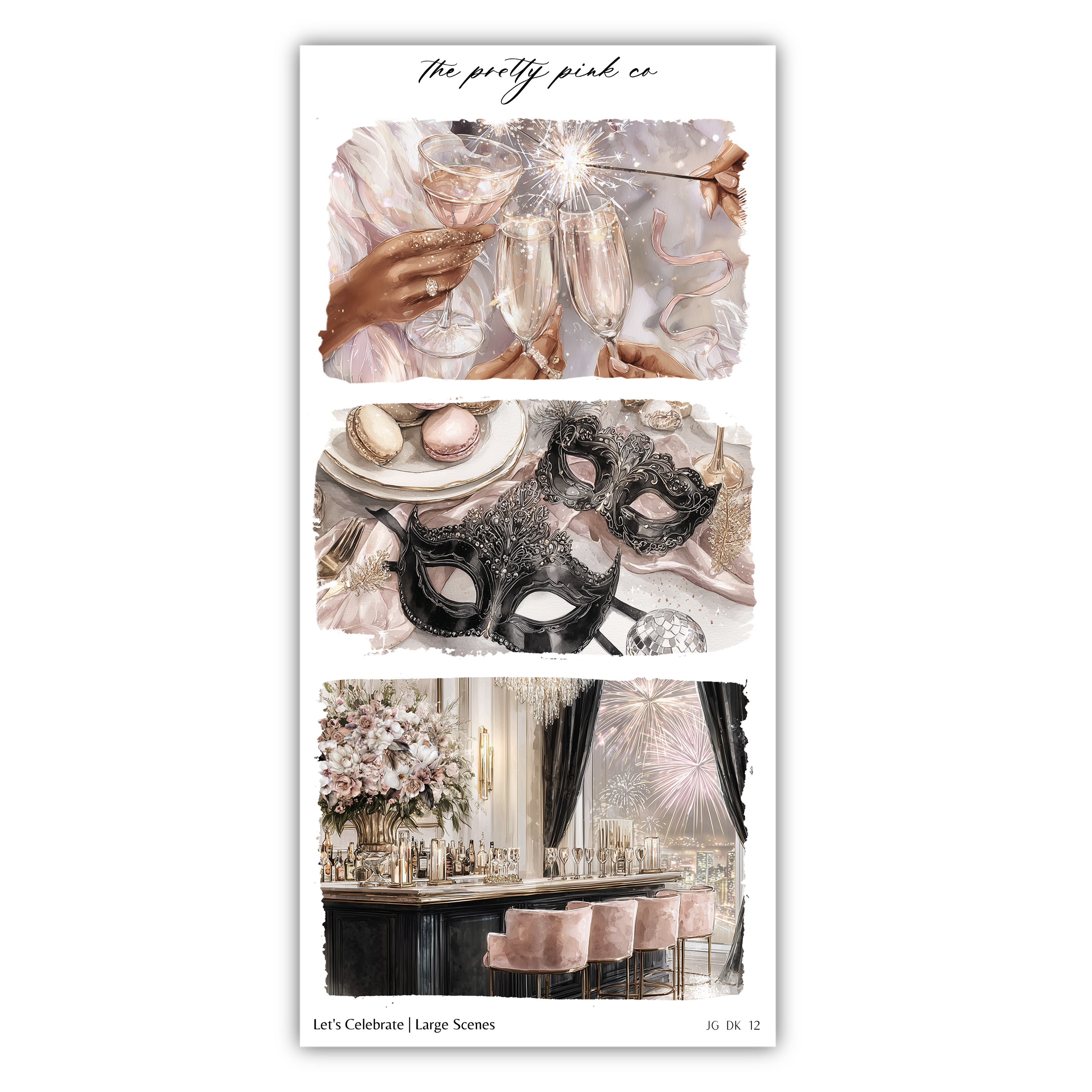 The image is a collage of three pictures depicting various scenes related to celebrations, including a person holding champagne flutes, a person wearing a mask, and a person sitting at a bar.