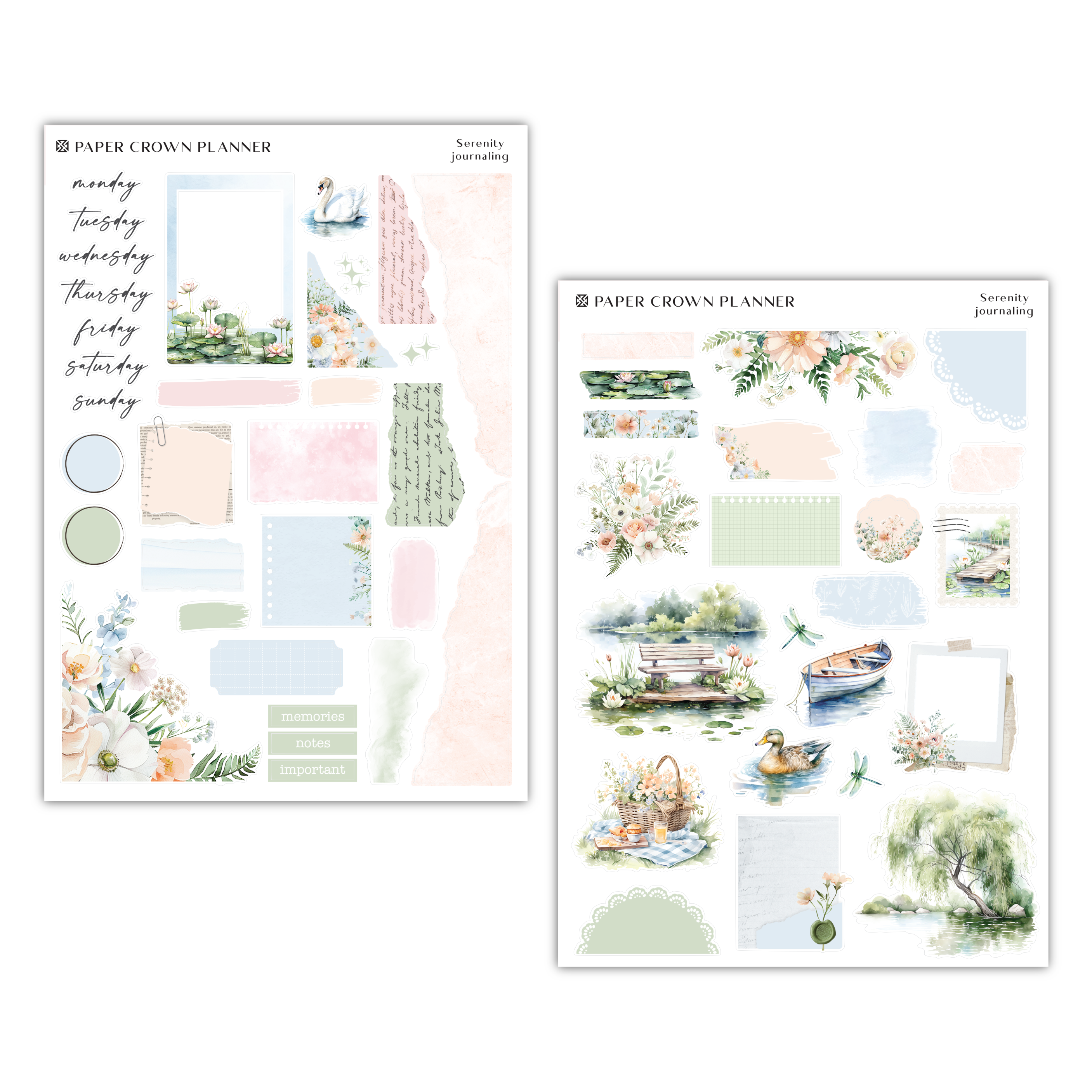 two sheets of paper with flowers and birds on them