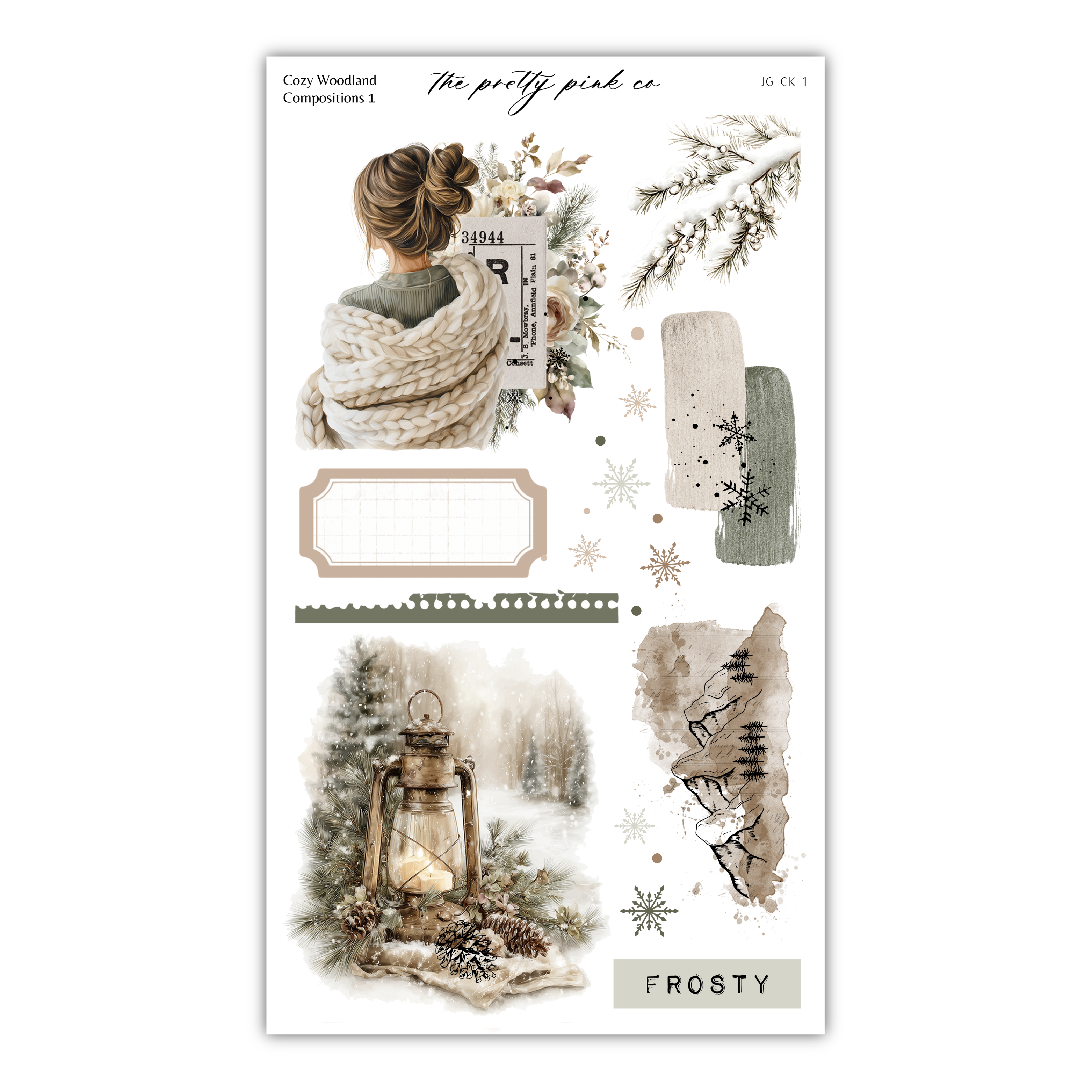 The image is a collage of various winter-themed elements, including a woman wrapped in a blanket, a lantern, pine trees, and snowflakes.