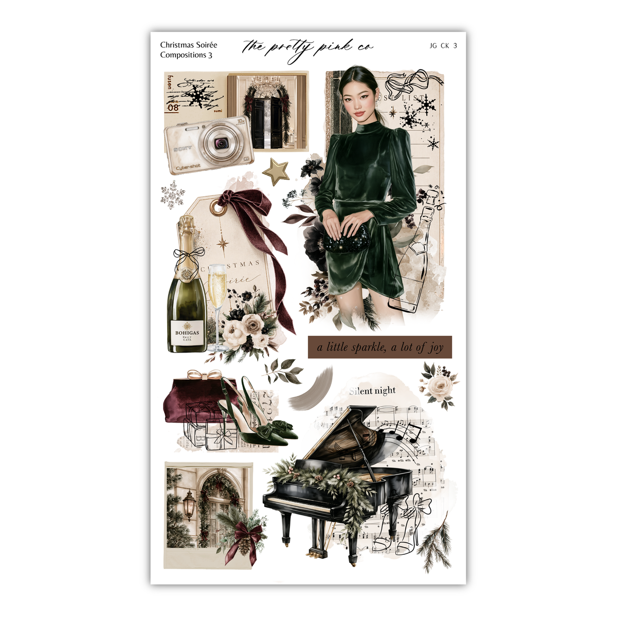The image is a collage of various Christmas-themed items, including a woman in a green dress, a bottle of champagne, a pair of shoes, a piano, and other decorative elements. The collage is titled "Christmas Sake" and includes a caption that reads "A little sparkle, a lot of joy".