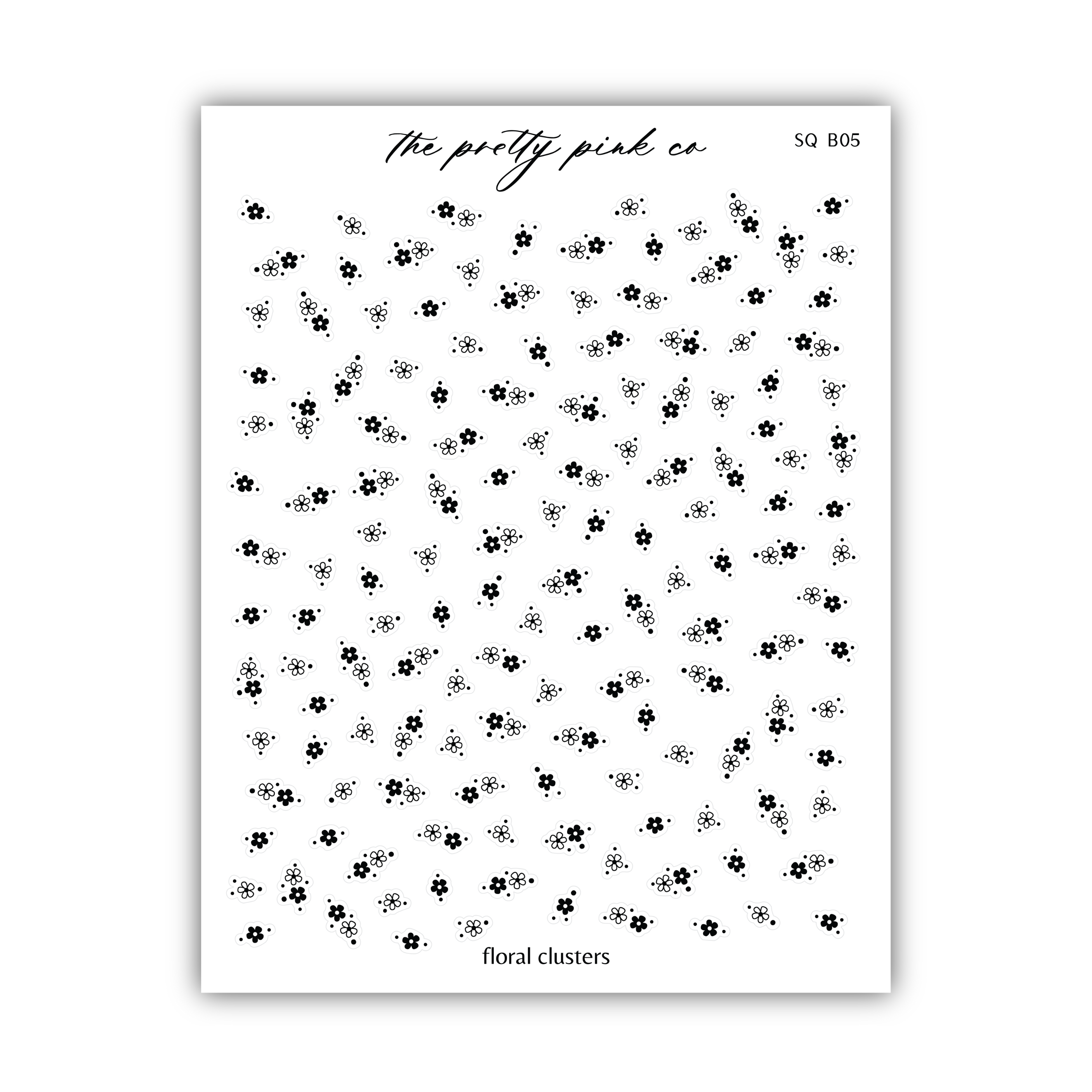 a sheet of clear stickers with black and white flowers