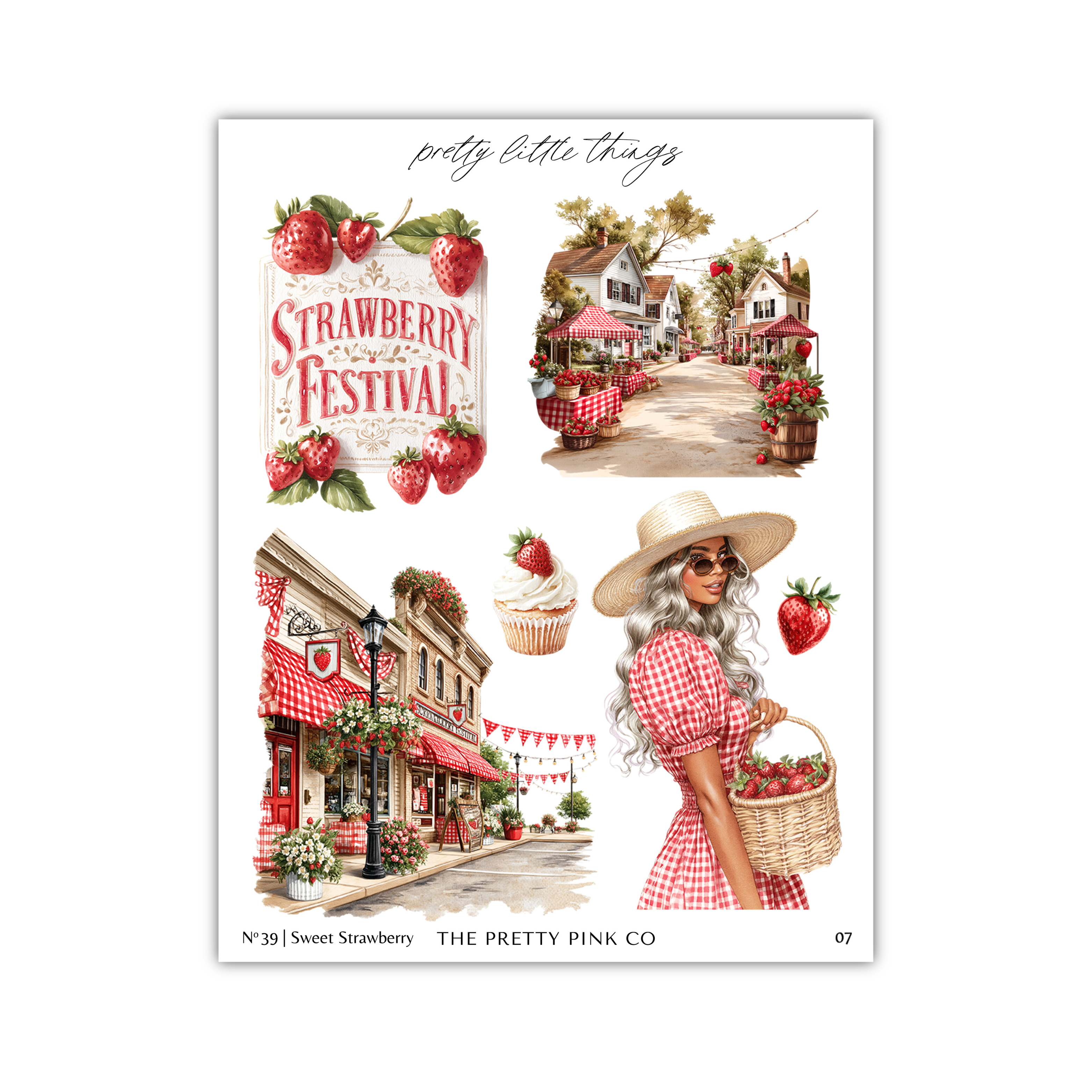 The image is a collage of various scenes related to the "Strawberry Festival", featuring a woman in a red and white checkered dress, a woman holding a basket of strawberries, and a street scene with buildings and decorations.
