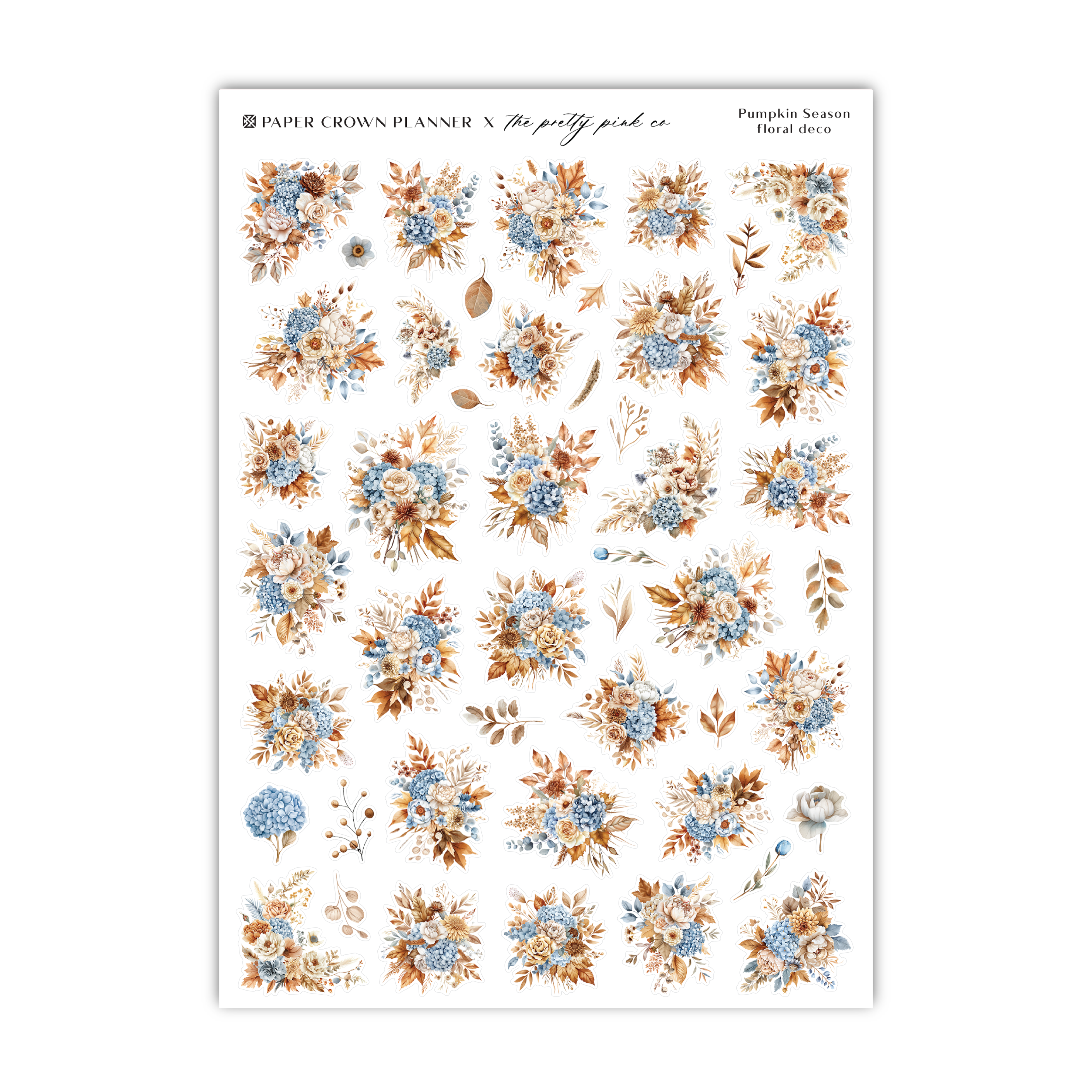a sheet of stickers with blue and orange flowers