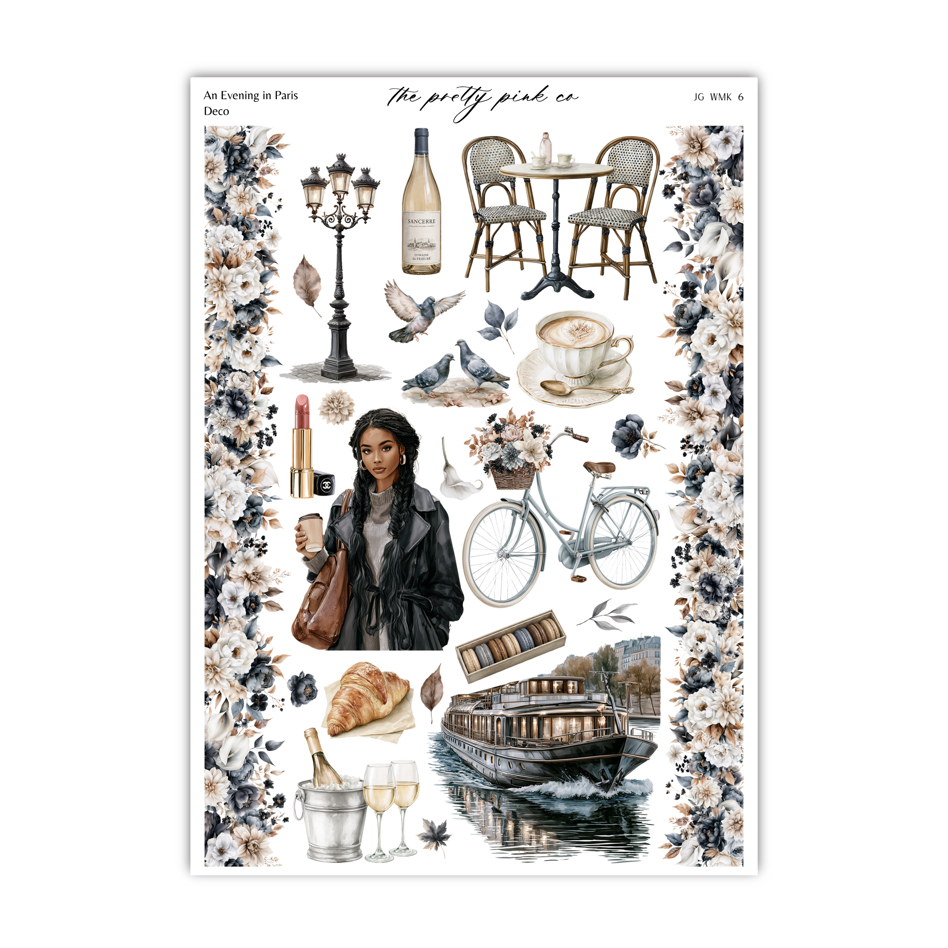 The image is a collage of various elements related to Paris, including a woman, a bicycle, a boat, flowers, and other decorative items.