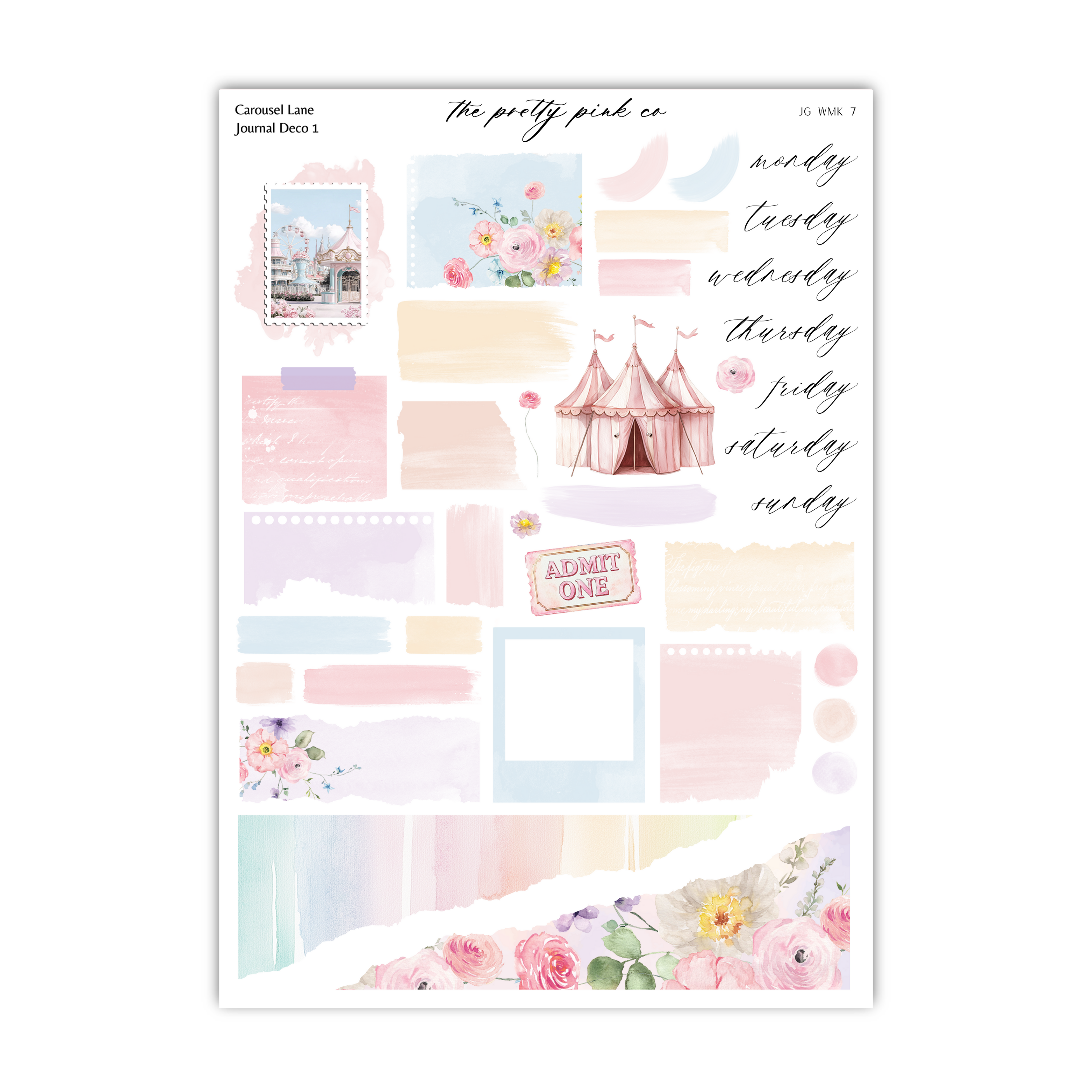 a sticker sheet with a castle and flowers on it