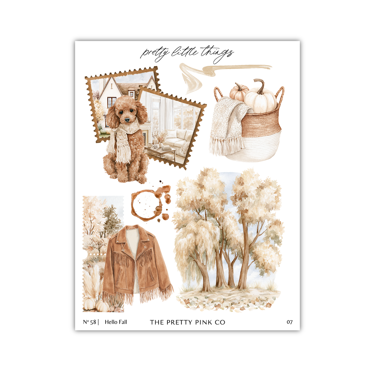 The image is a collage of various fall-themed elements, including a dog, a basket, trees, a jacket, and pumpkins.