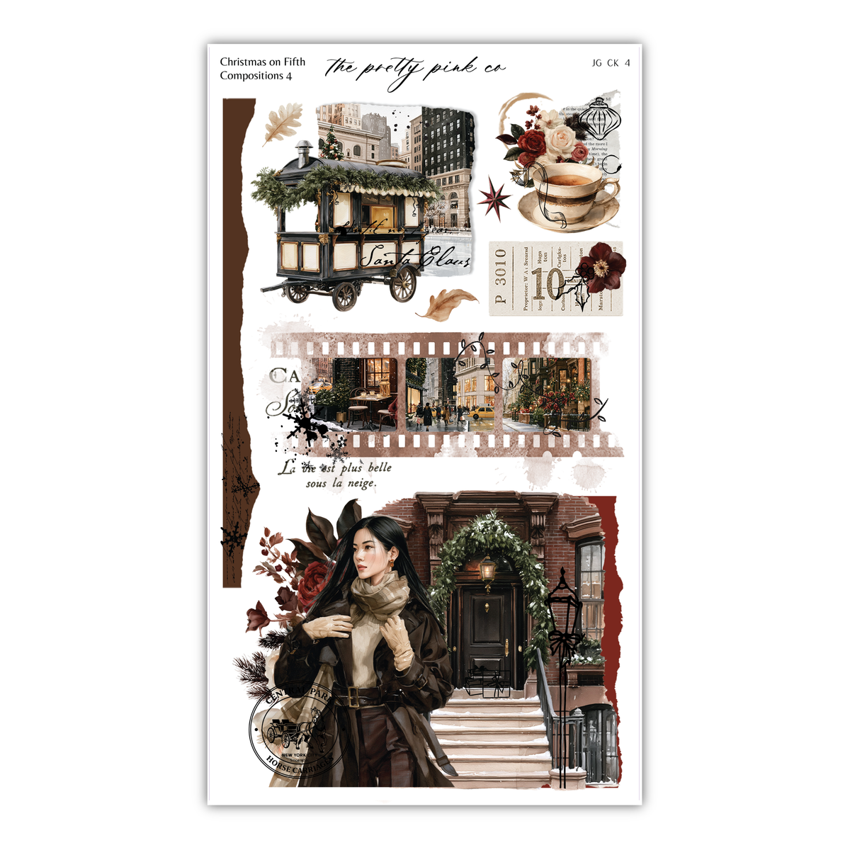 The image is a collage of various elements, including a woman, a vintage tram, and a building with a wreath. The collage also includes text and decorative elements such as flowers, leaves, and a clock.