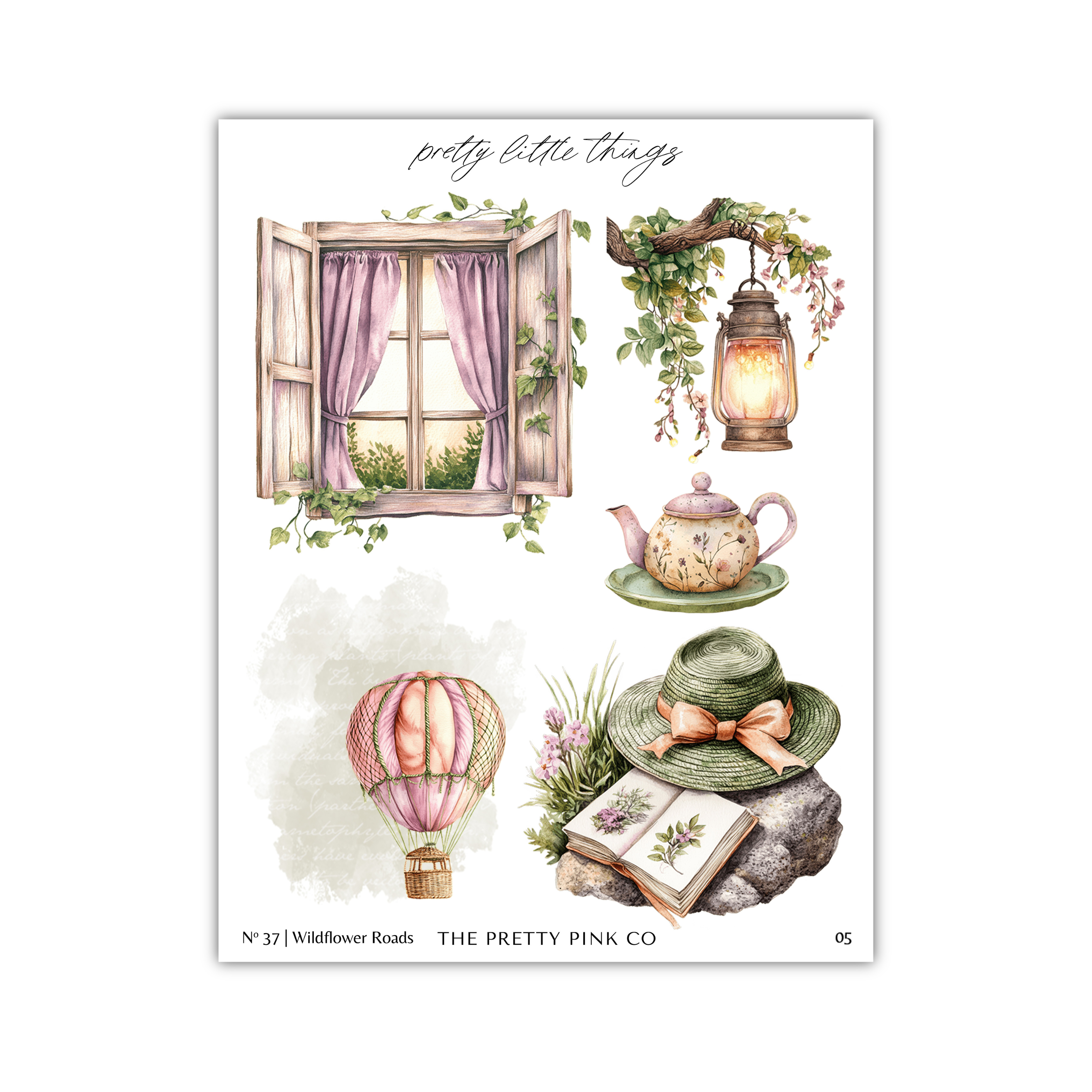 The image is a collage of various decorative items, including a window with curtains, a lantern, a teapot, a hot air balloon, a hat, and a book.