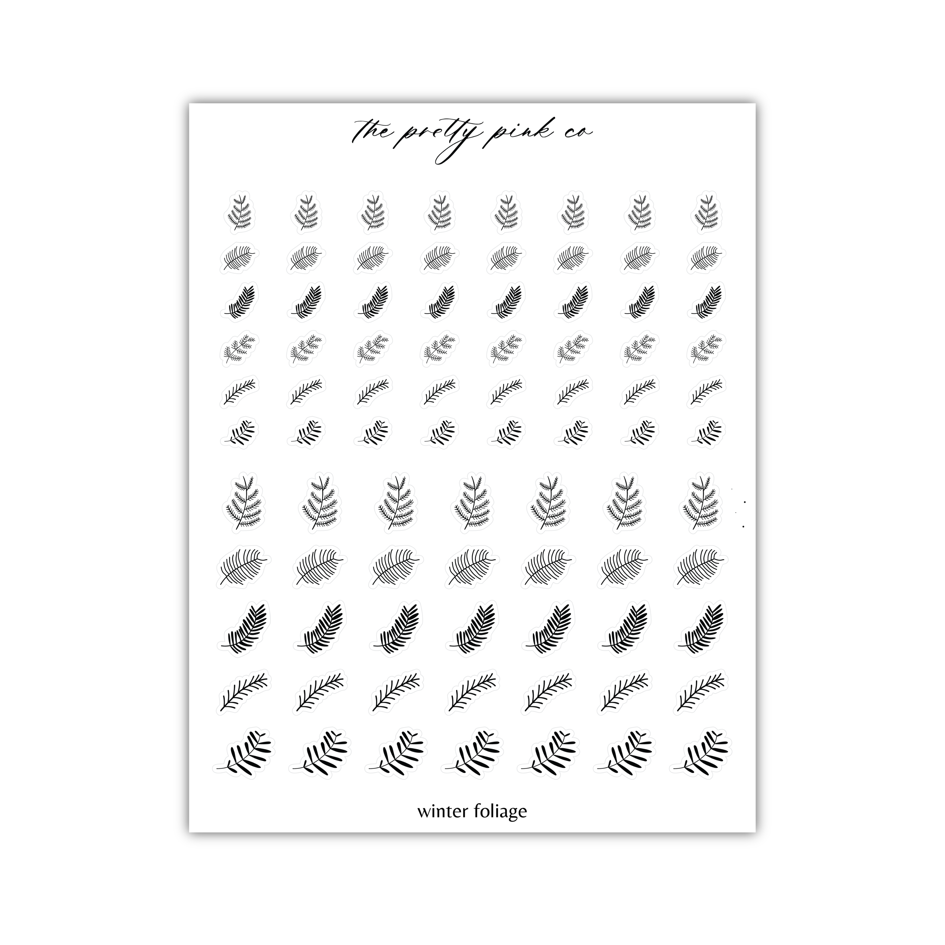 a sheet of black and white stickers with leaves