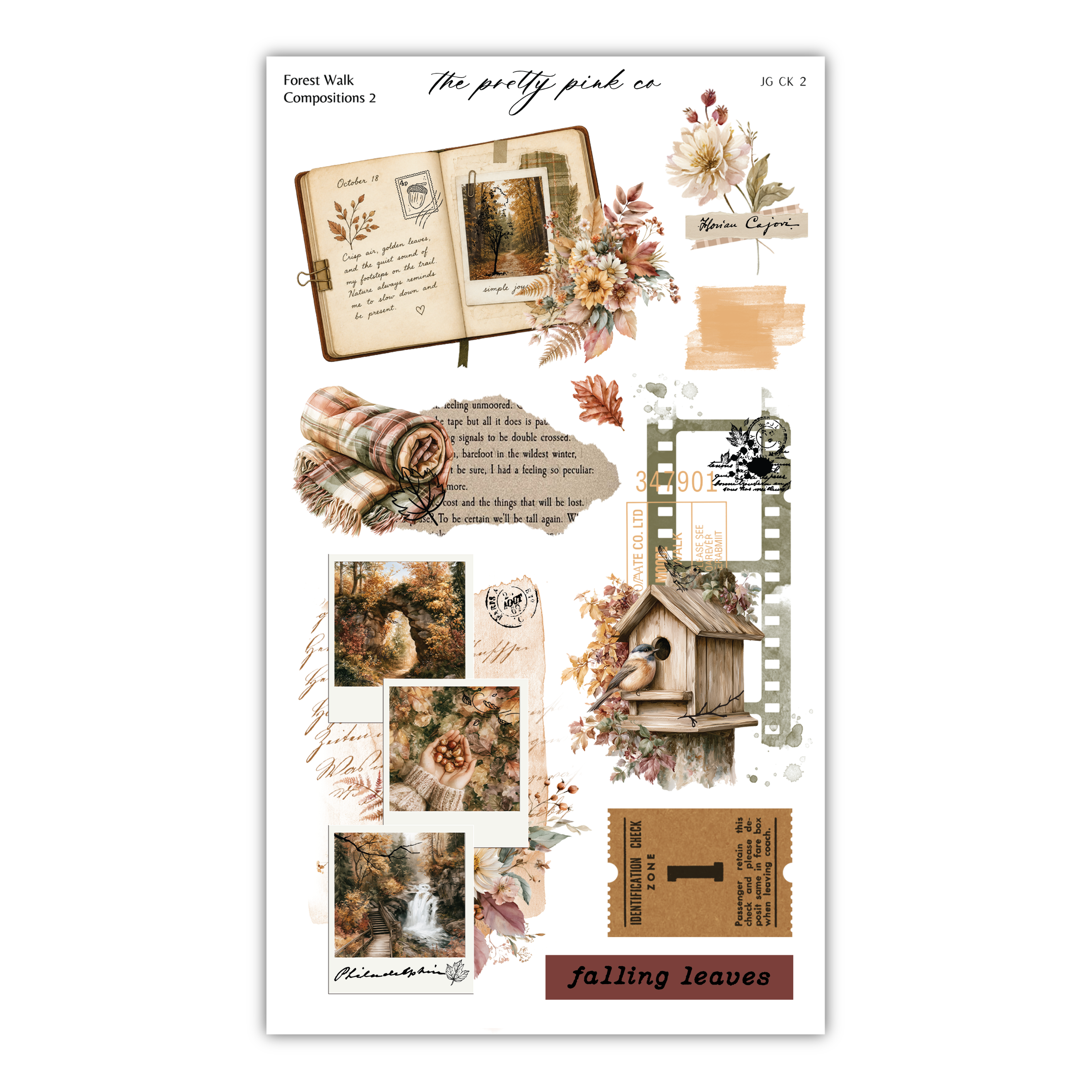 The image is a collage of various autumn-themed elements, including a book, a birdhouse, a blanket, and a tree. The collage is titled "The pretty pink co" and includes a "falling leaves" sticker.