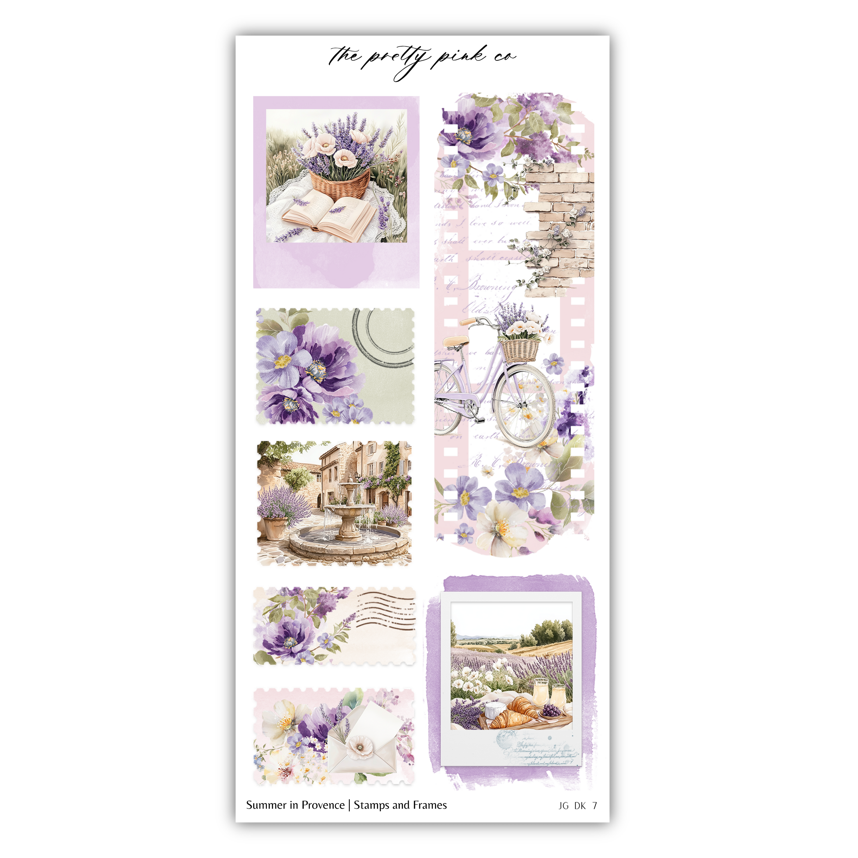 a sticker sheet with purple and white flowers