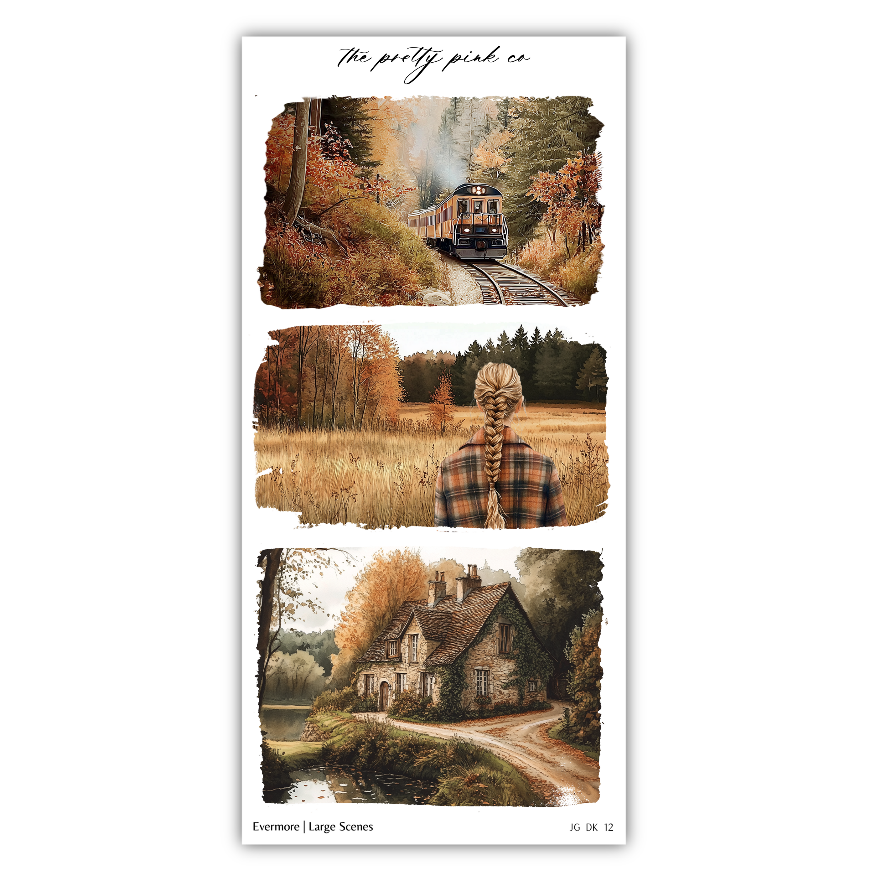 The image is a collage of three pictures depicting various autumn scenes, including a train, a person with a braid, and a house in a rural setting.