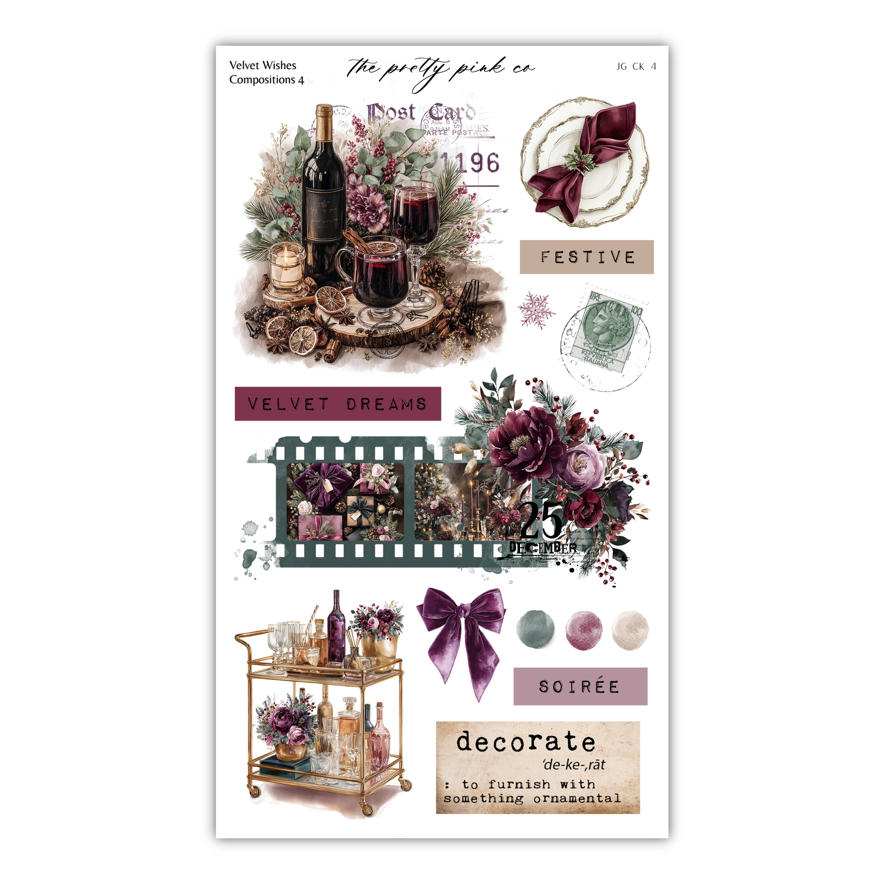 The image is a collage of various decorative elements, including a wine glass, a bottle, a floral arrangement, and a bow, all set against a white background.