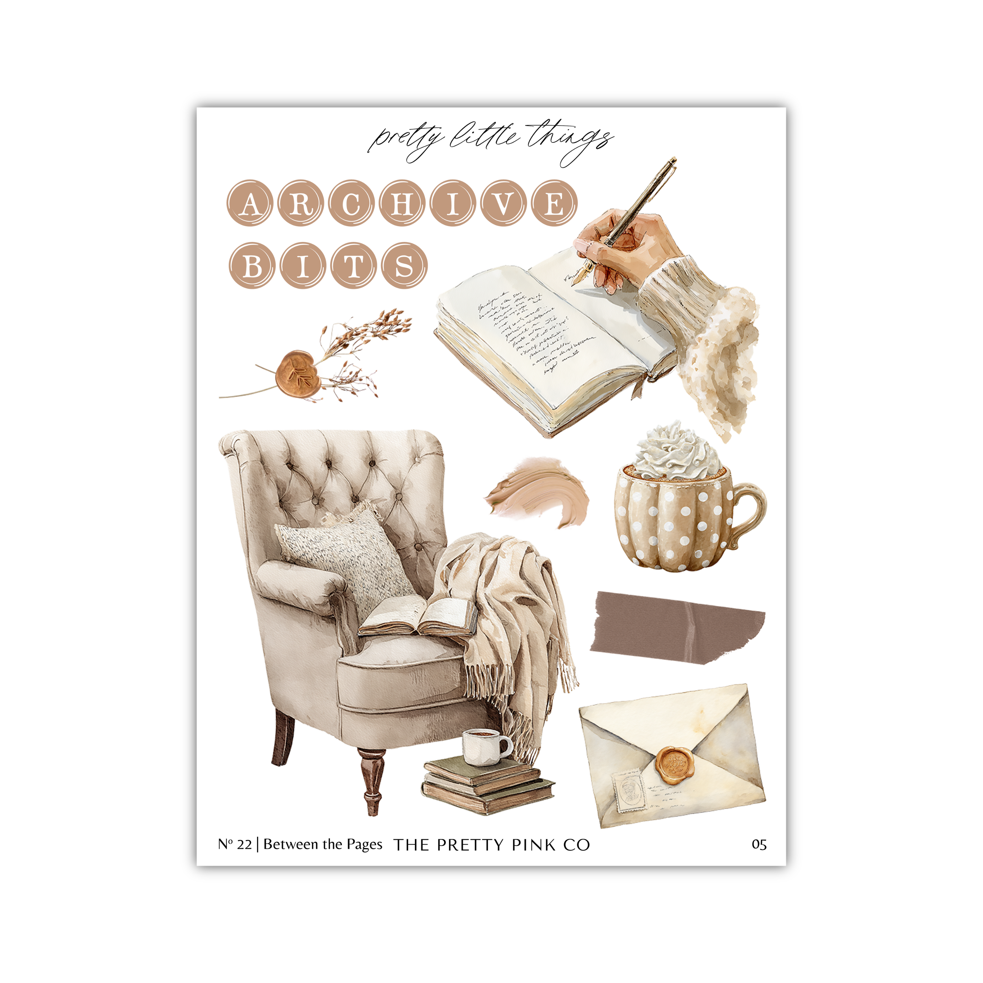 The image is a collage of various objects, including a chair, a book, a cup, and other decorative items, all arranged in a visually appealing manner.