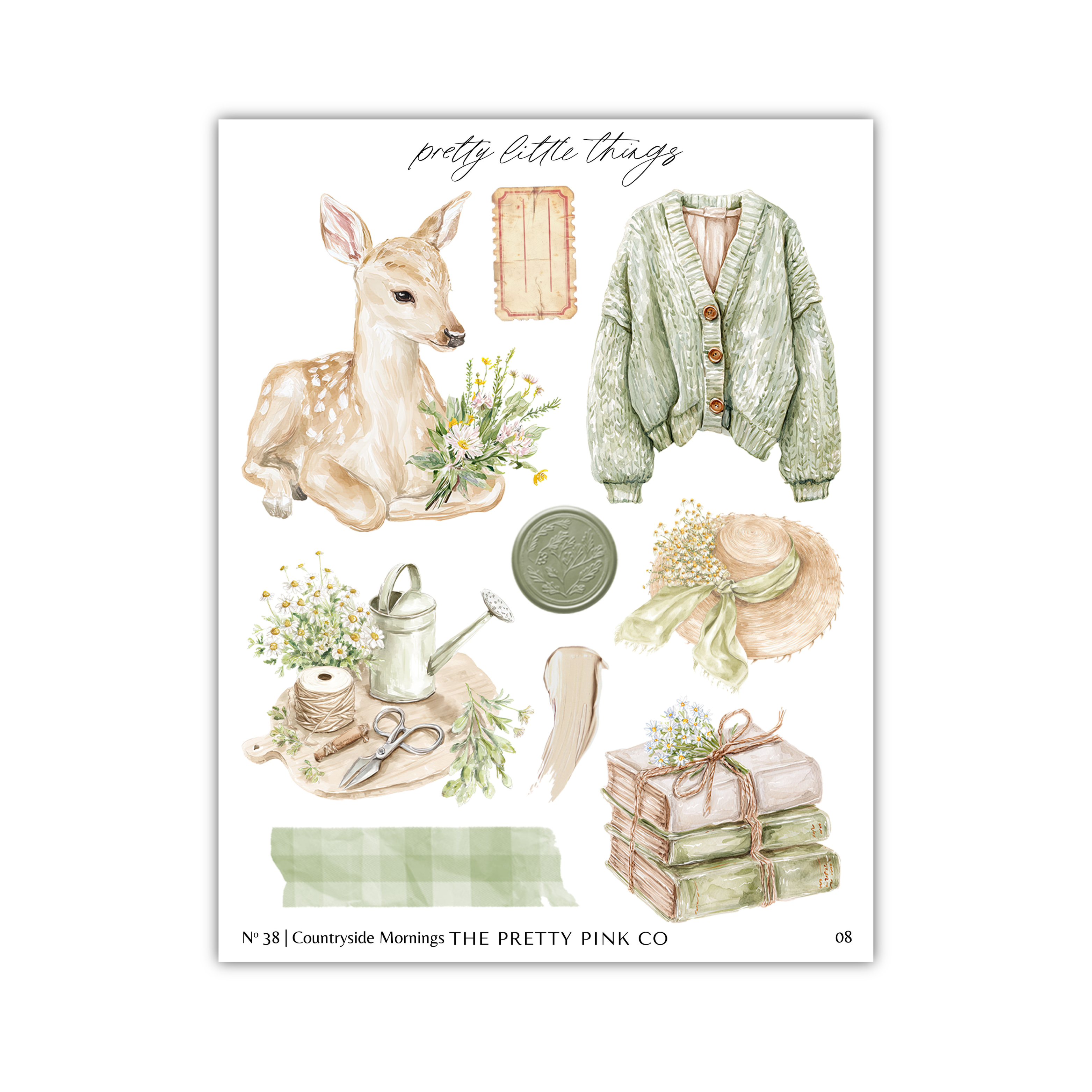 The image is a collage of various objects, including a deer, a sweater, a hat, a watering can, a book, and a ribbon.