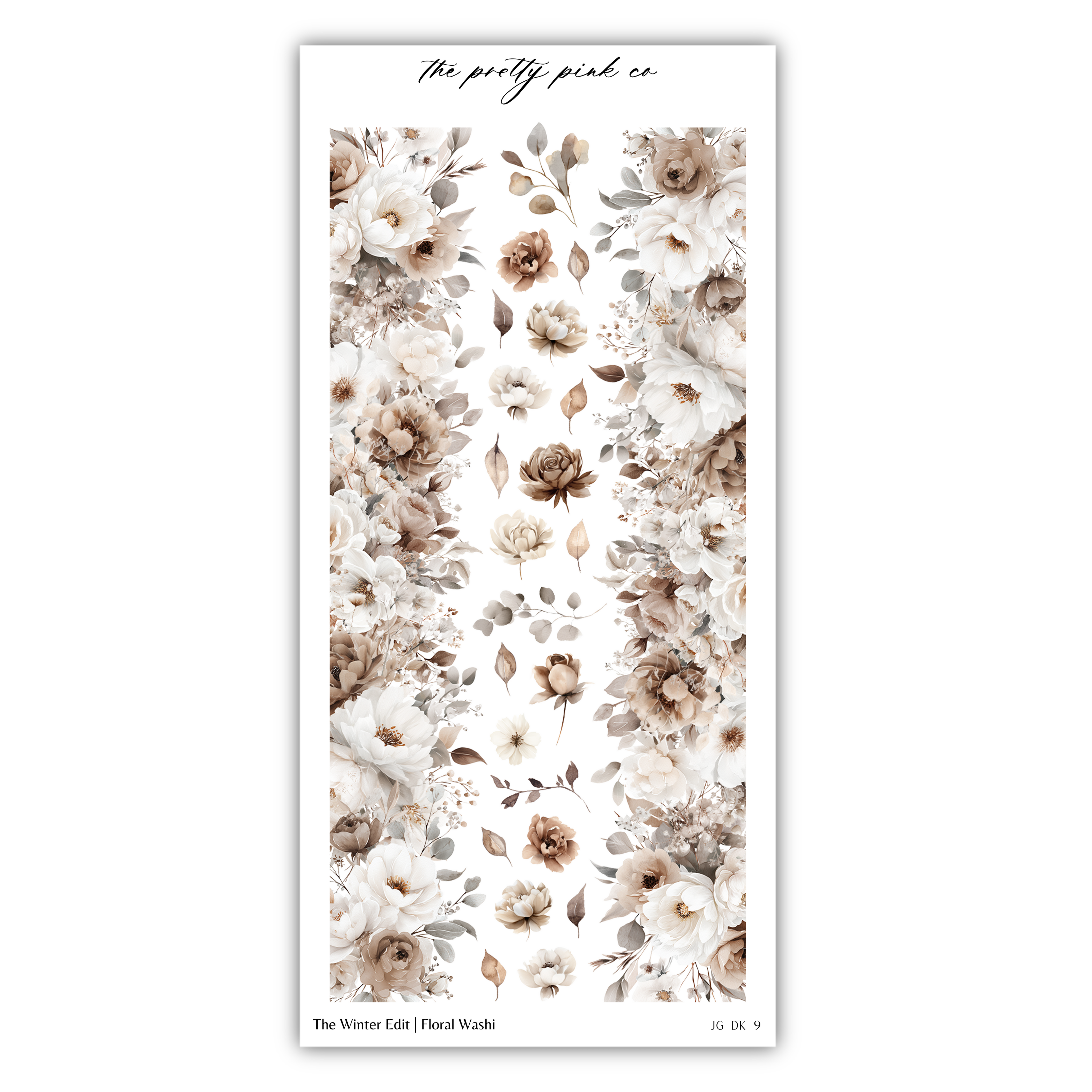 The image is a collage of various floral designs, including a repeating pattern of white and brown flowers and leaves. The collage is titled "The pretty pink co" and includes the text "The Winter Edit | Floral Washi".