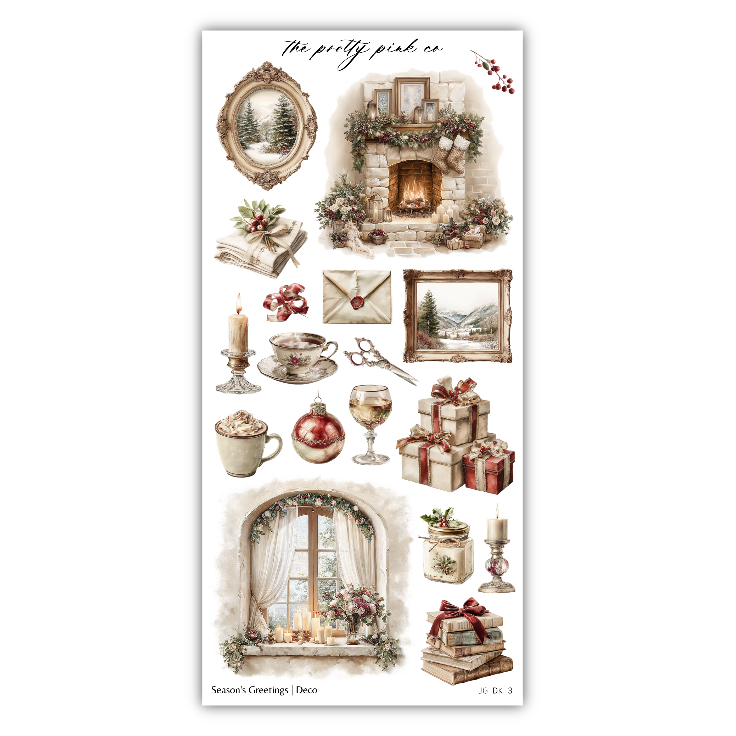 various Christmas-themed items, including a fireplace, a Christmas tree, presents, a cup, a candle, a vase, a book, and other holiday decorations.