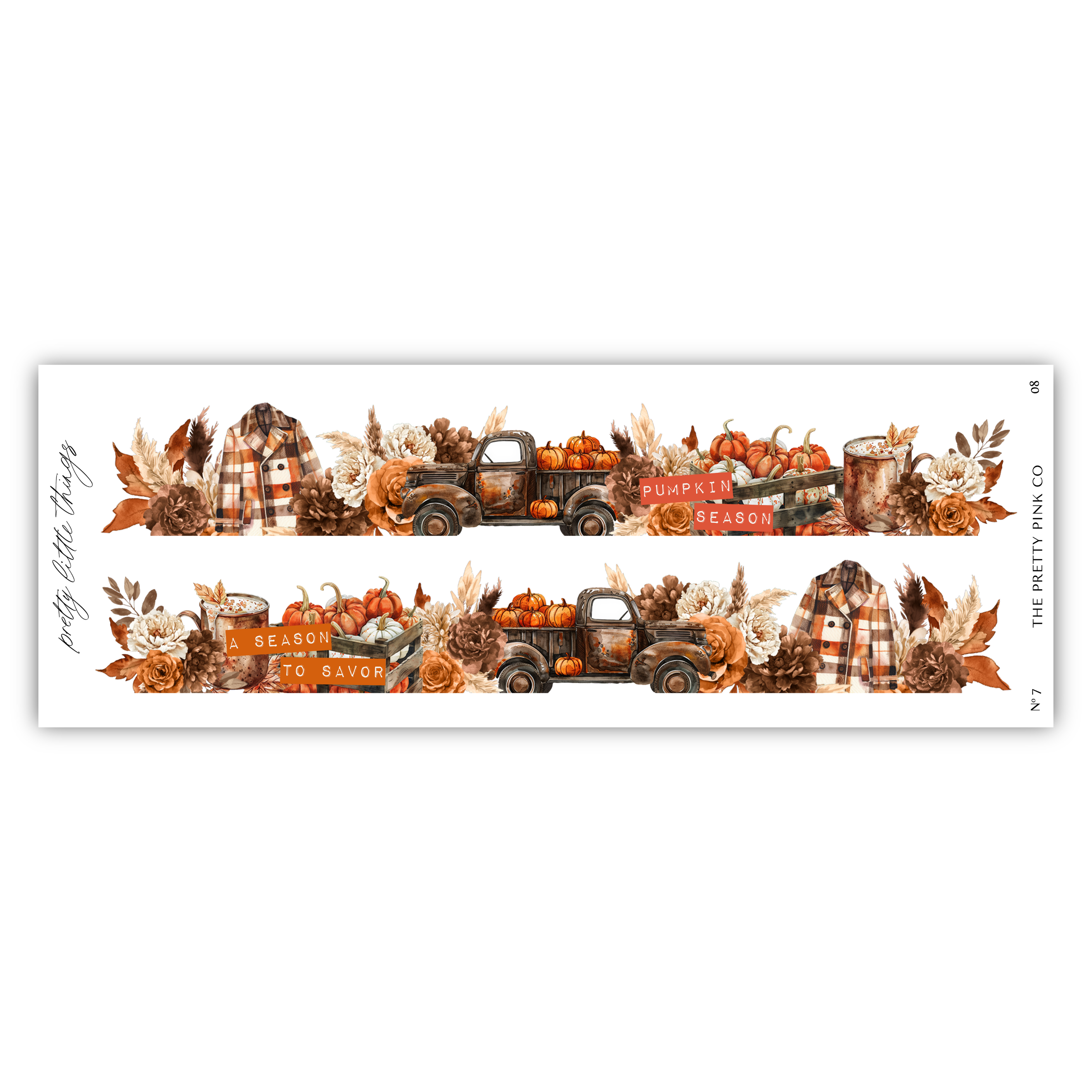 A decorative border featuring a vintage truck surrounded by autumn-themed elements such as pumpkins, plaid clothing, and fall foliage.