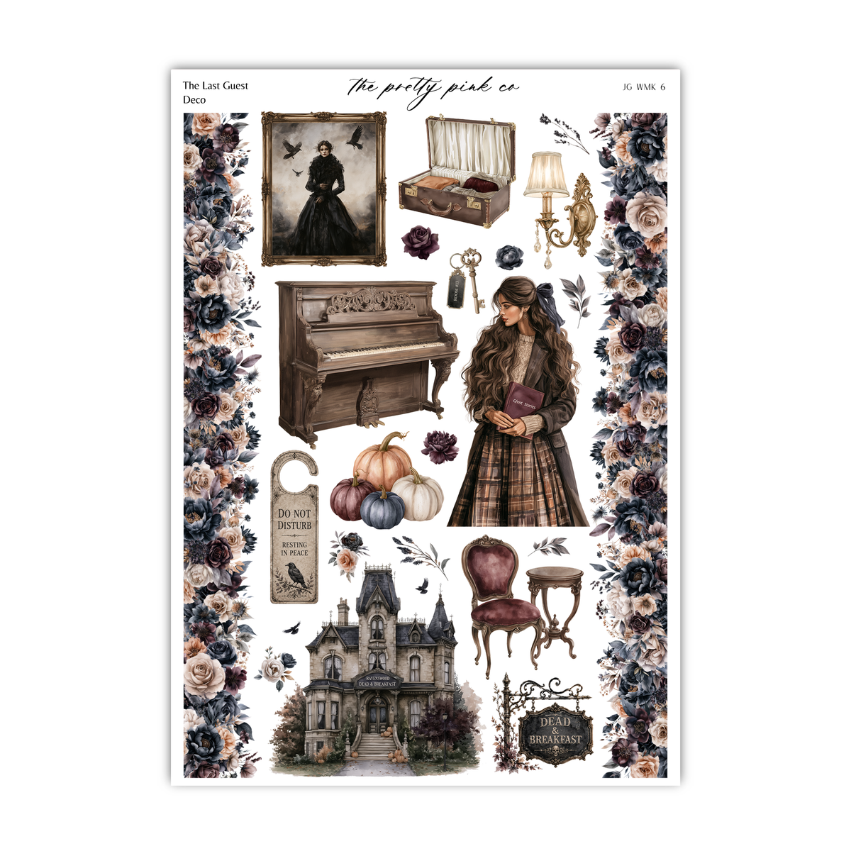 The image is a collage of various vintage-style items and scenes, including a woman in a long dress, a piano, a suitcase, pumpkins, a castle, and other decorative elements.