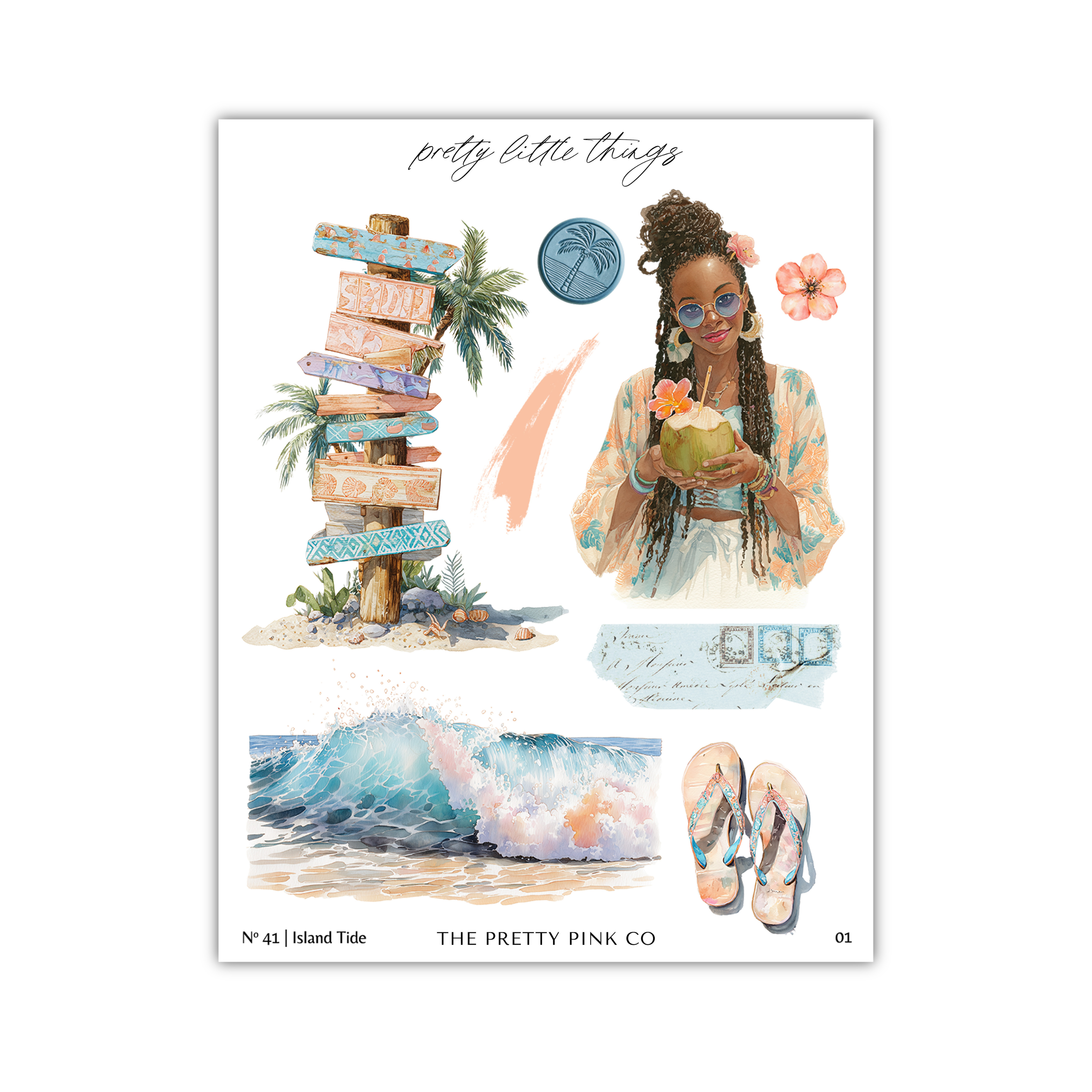 The image is a collage of various tropical and beach-themed elements, including a woman with braided hair, a palm tree, a signpost, a wave, and a pair of flip-flops.