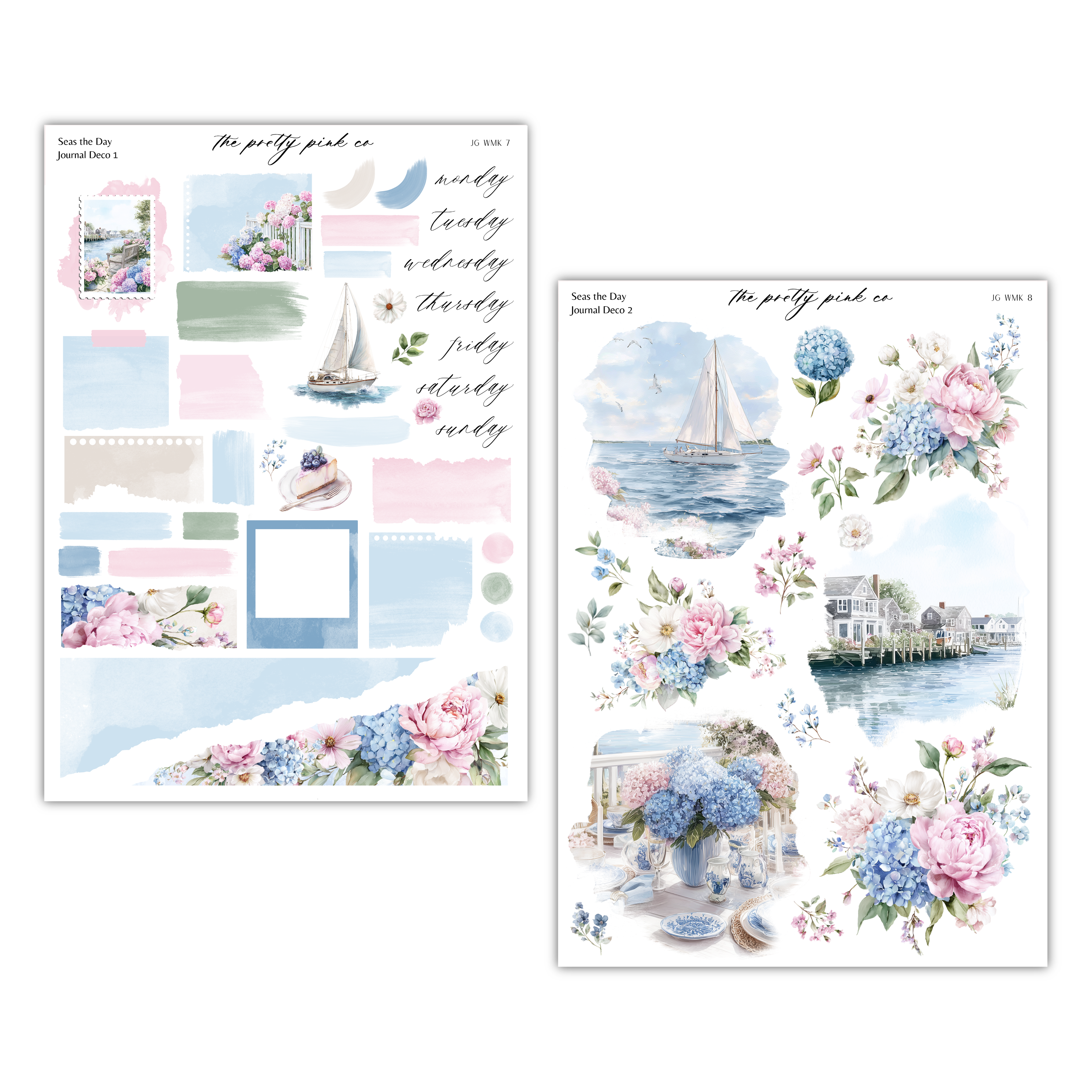 a collage of various floral and nautical elements, including a sailboat, flowers, and a house, all set against a water background.