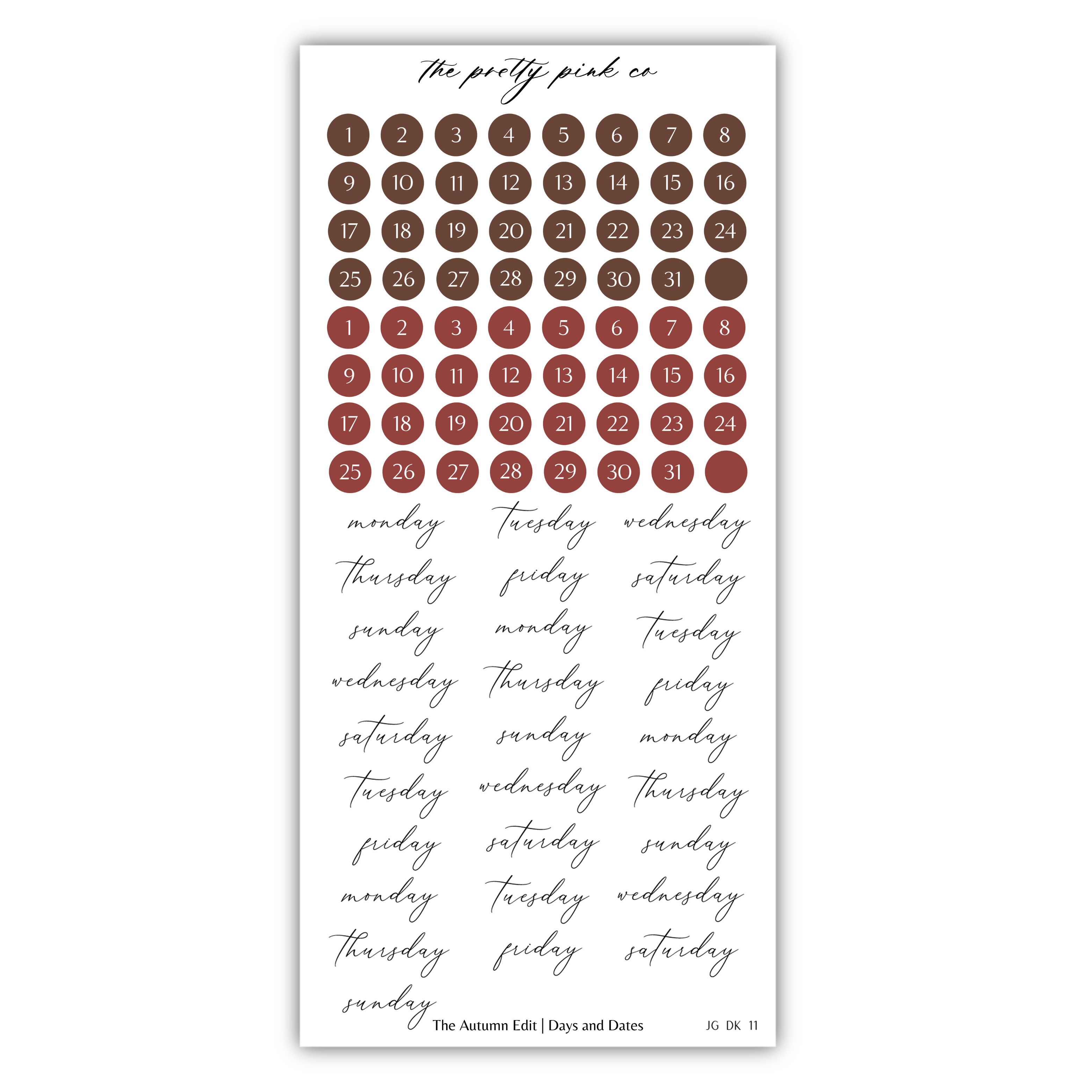 The image is a calendar with a grid of days and dates, and a list of days of the week written in cursive.