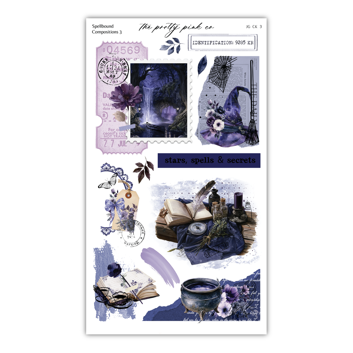 The image is a collage of various purple and blue-toned images, including a stamp, a witch's hat, flowers, a book, and other whimsical and mystical elements.