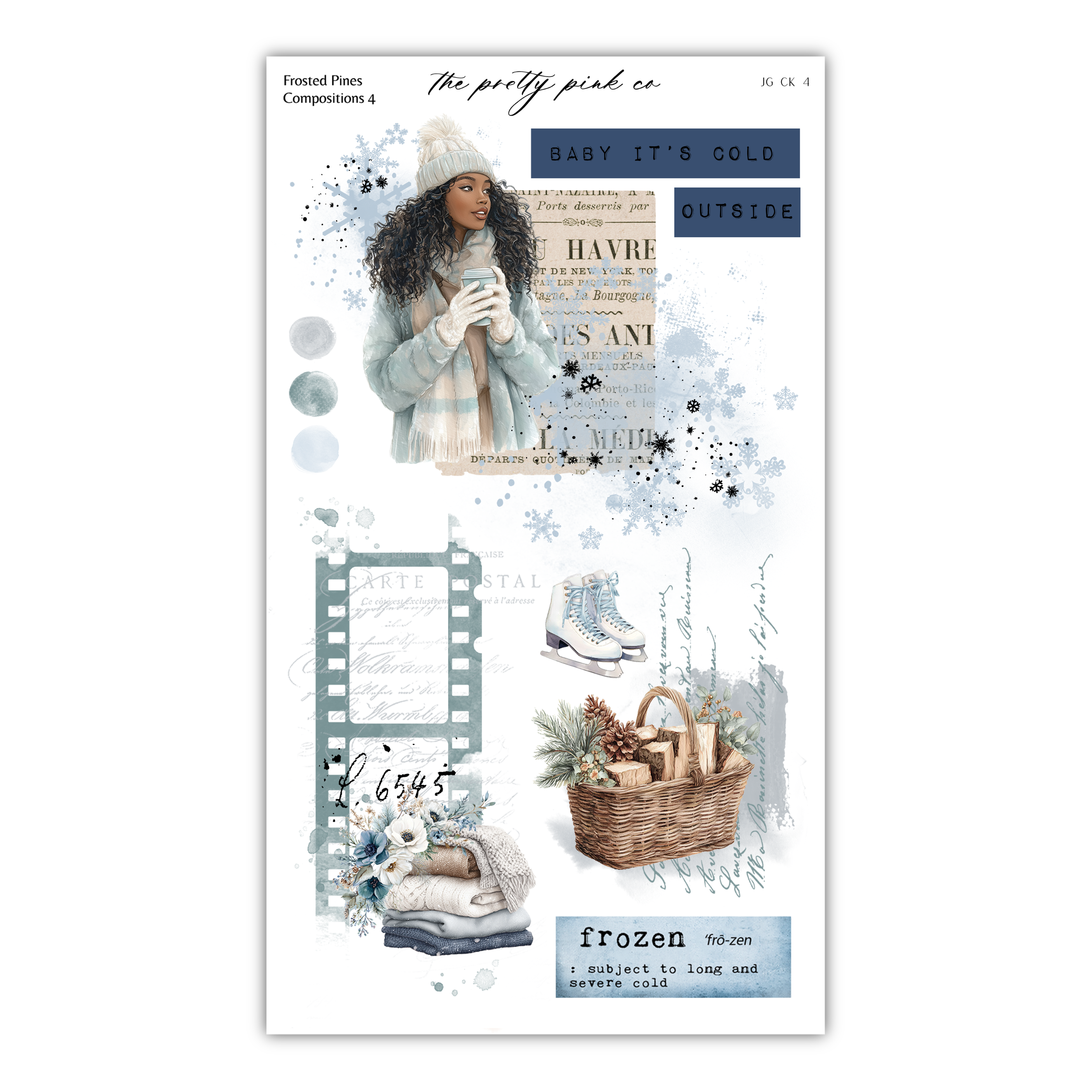 The image is a collage of various winter-themed elements, including a woman in a winter coat, a pair of skis, a basket of pine cones, and a snowflake. The collage is titled "The pretty pink co" and includes text such as "Frosted Pines Compos 4", "Baby it's cold outside", and "frozen". The collage is described as a "frozen" collage, and it is a "frozen" collage of "frozen" and "frozen" collages.