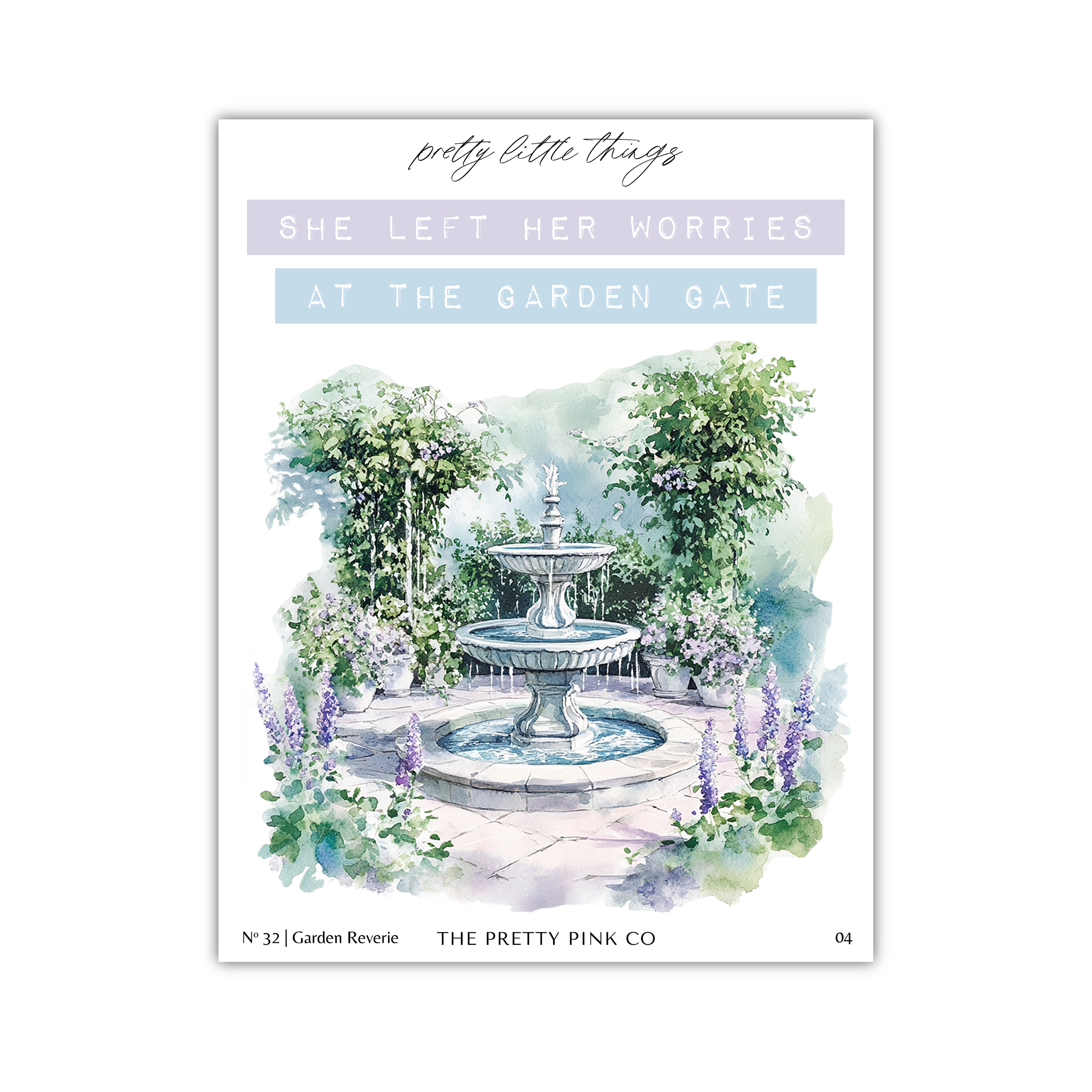 The image is a watercolor painting of a garden with a fountain, surrounded by lush greenery and purple flowers.
