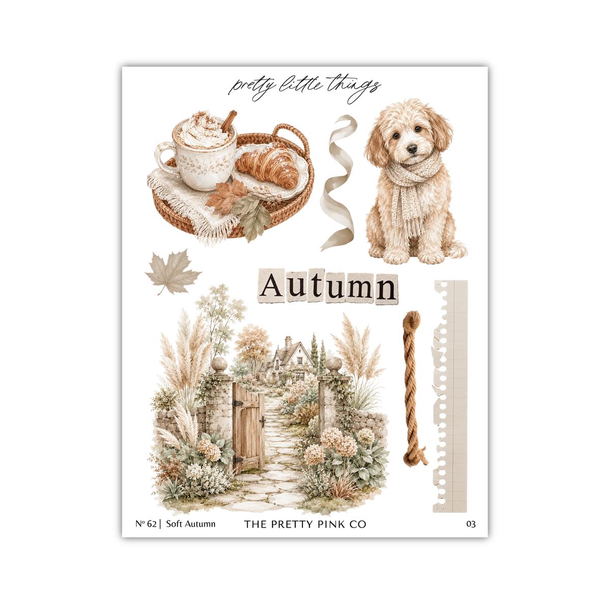 The image is a collage of various autumn-themed elements, including a dog, a basket of food, a garden scene, and a path leading to a house.