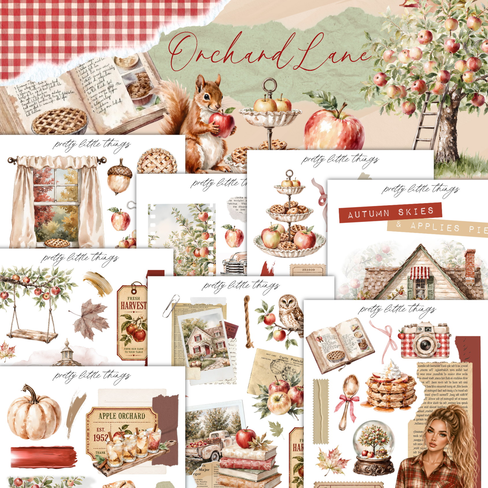 The image is a collage of various autumn-themed elements, including apples, a tree, a book, a camera, and other seasonal items.