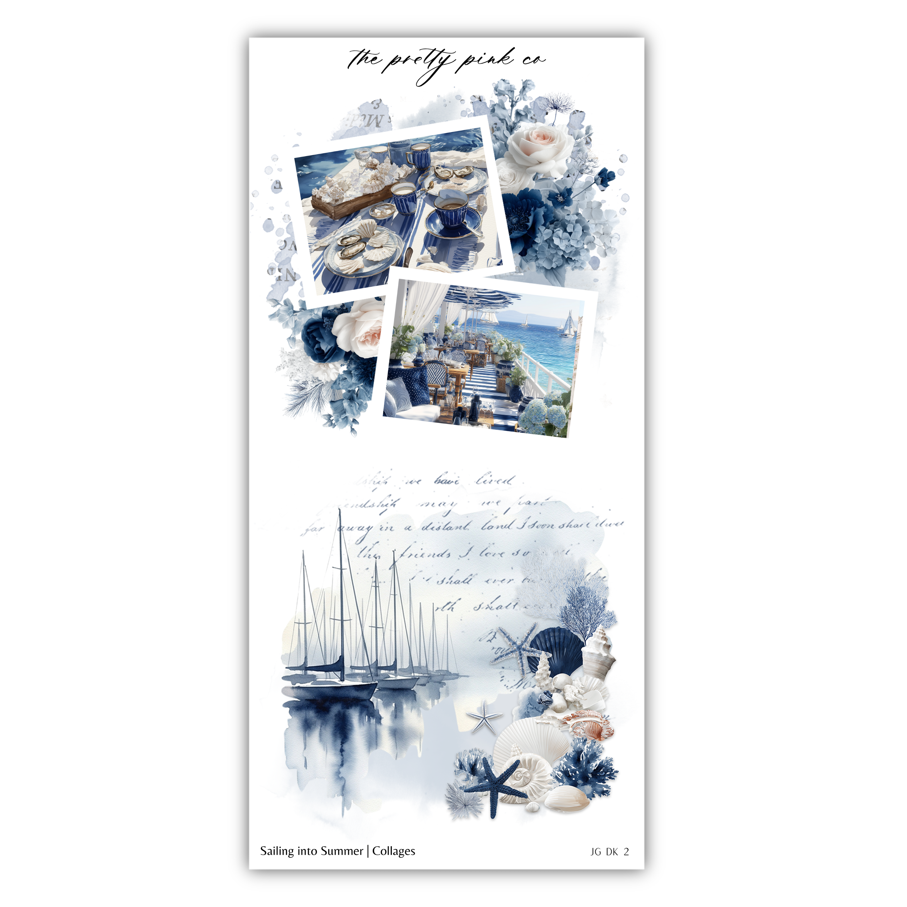 The image is a collage of three photos depicting a serene coastal scene, including a body of water, boats, and flowers.