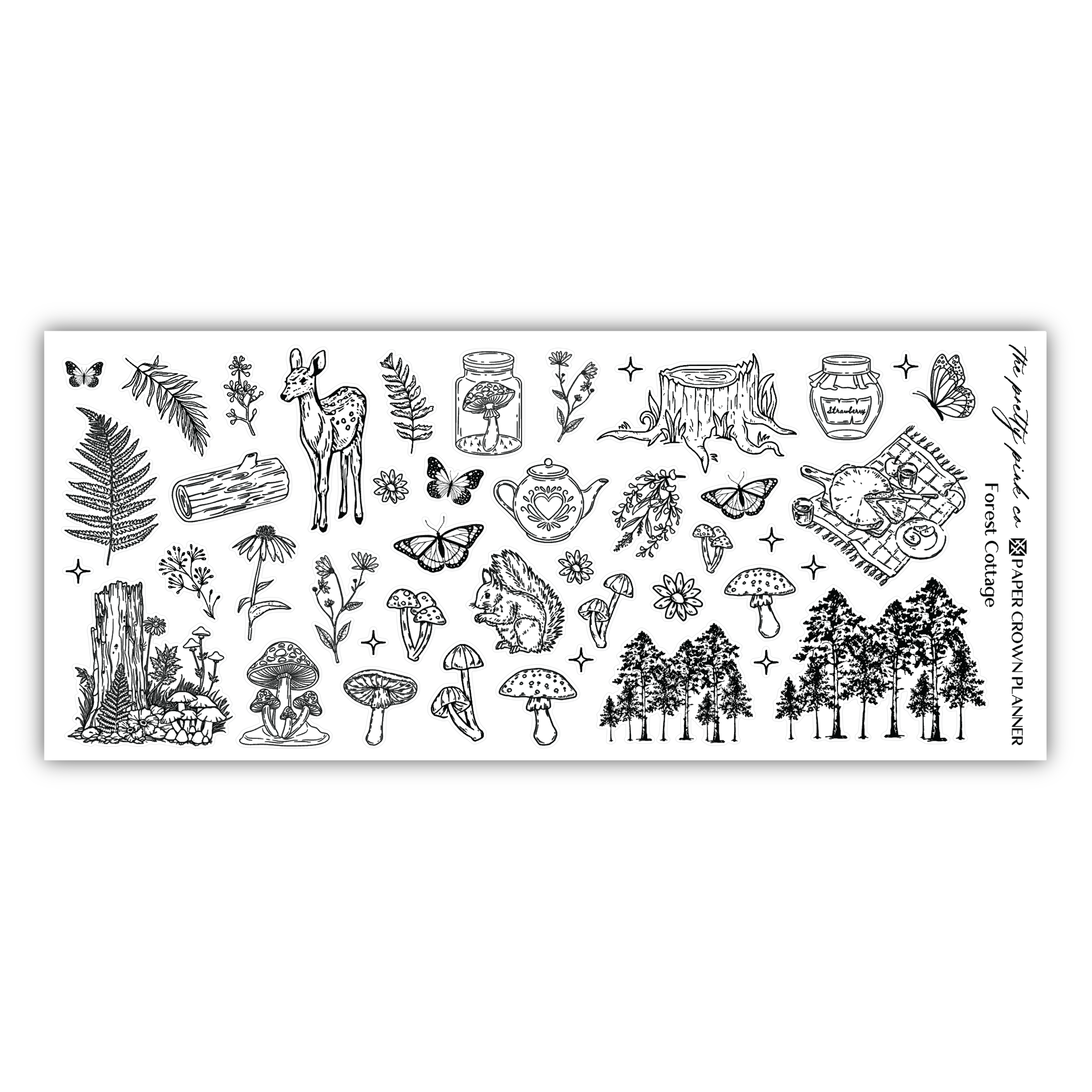 a rubber stamp of a forest scene with trees and animals
