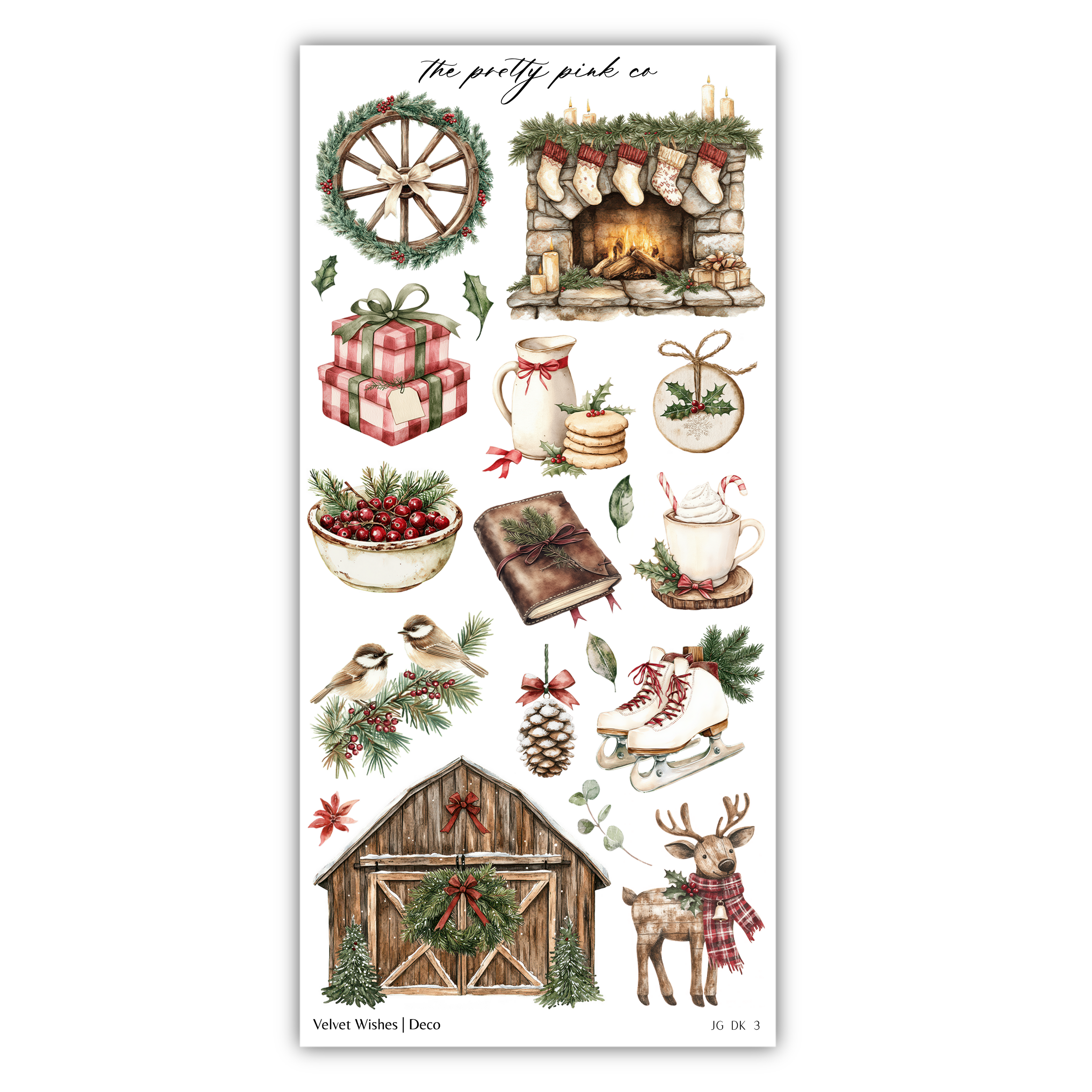various Christmas-themed illustrations, including a fireplace, stockings, a wreath, a gift box, a cup, a bowl, a bird, a pine cone, a barn, a deer, and a book.