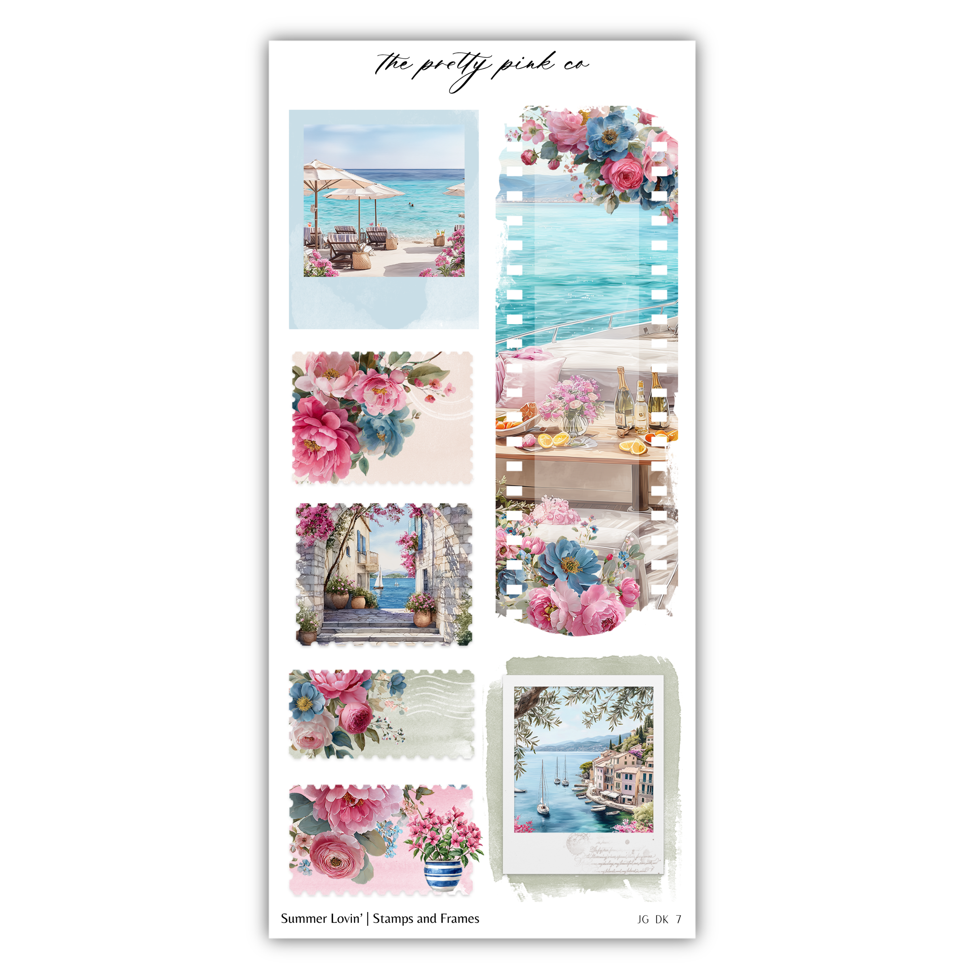The image is a collage of various pictures featuring floral designs, beach scenes, and other summer-themed elements.