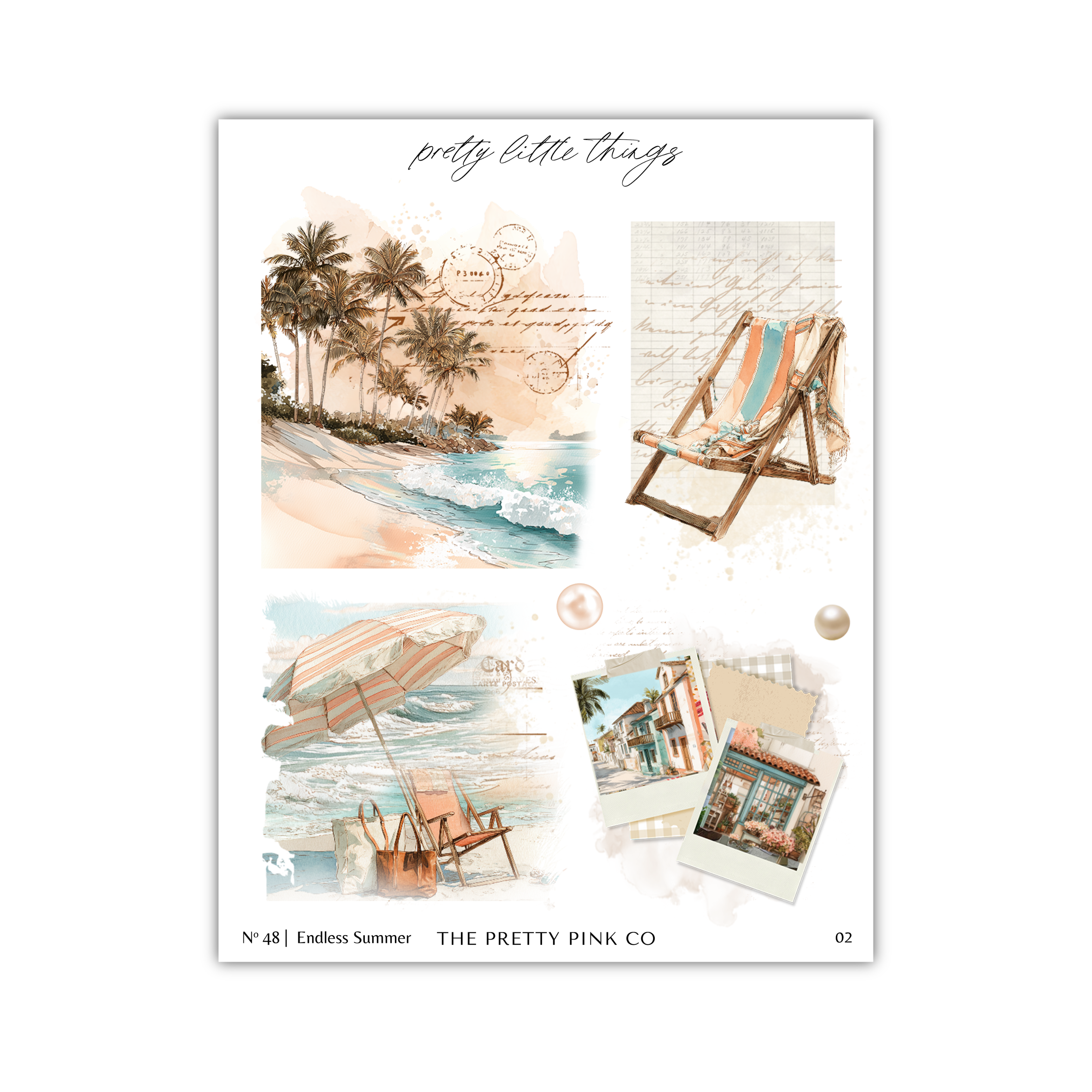 The image is a collage of various beach-related items and scenes, including palm trees, a beach chair, an umbrella, and a photograph of a beach house.