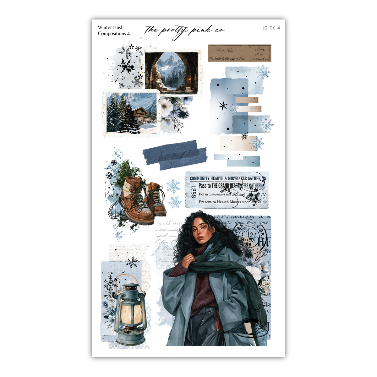 The image is a collage of various winter-themed elements, including a woman in a coat, a lantern, snowflakes, and a snowy landscape.