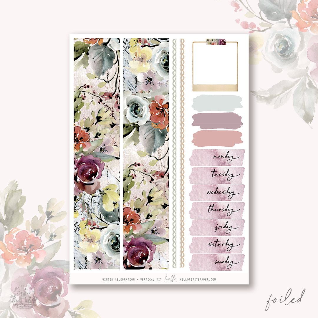 The image is a printed design featuring a floral pattern and a color palette, with a blank space for notes or a calendar.
