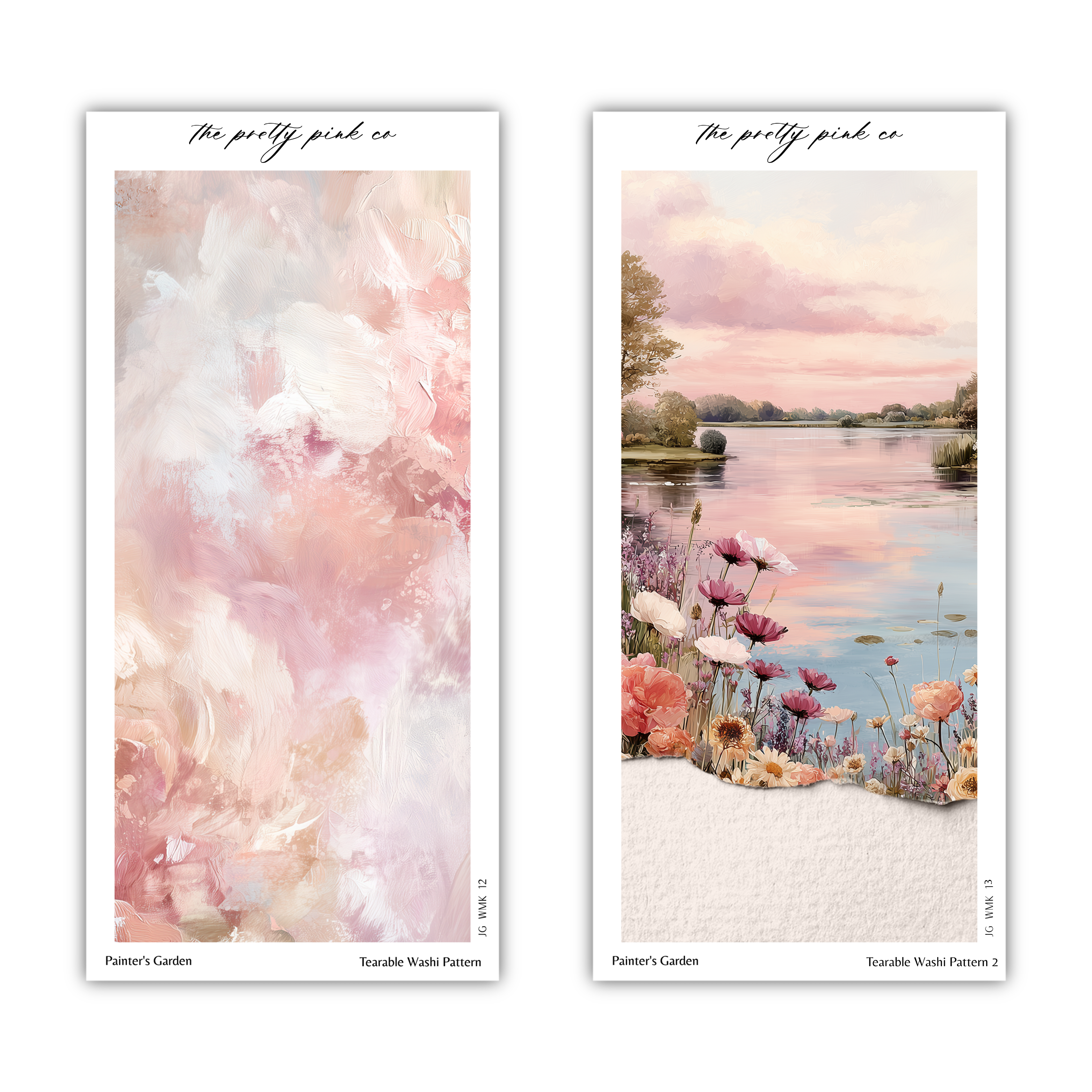 two pictures of a garden scene. The left picture shows a pink and white abstract painting, while the right picture depicts a garden with flowers and a lake.