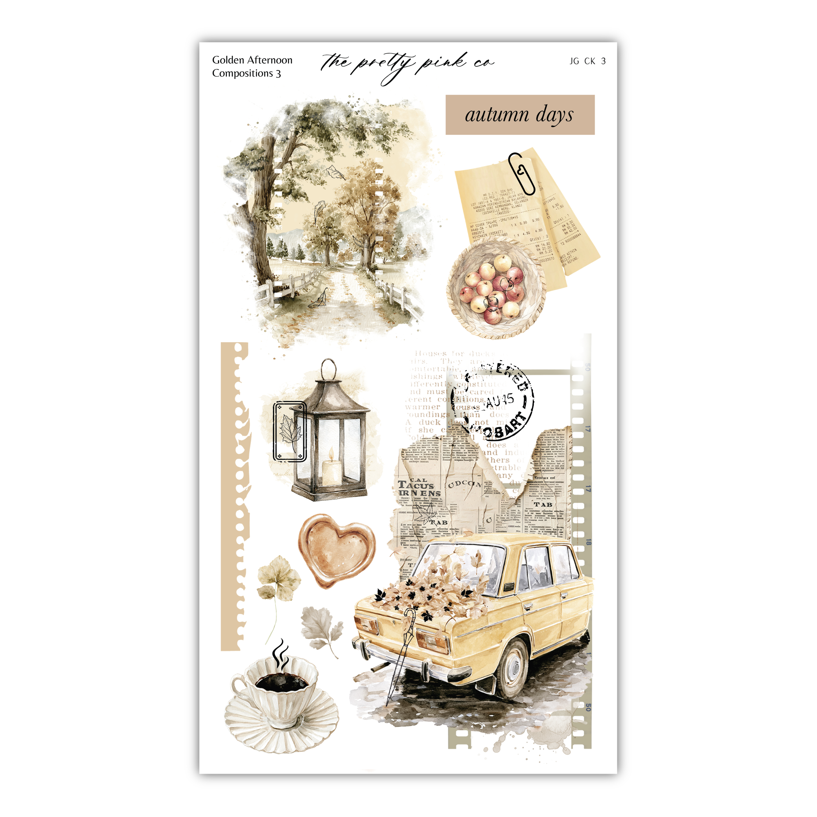 The image is a collage of various autumn-themed elements, including a lantern, a basket of fruit, a car, and a tree. The collage is titled "Golden Afternoon The pretty pink co autumn days" and includes text that describes the different elements in the image.