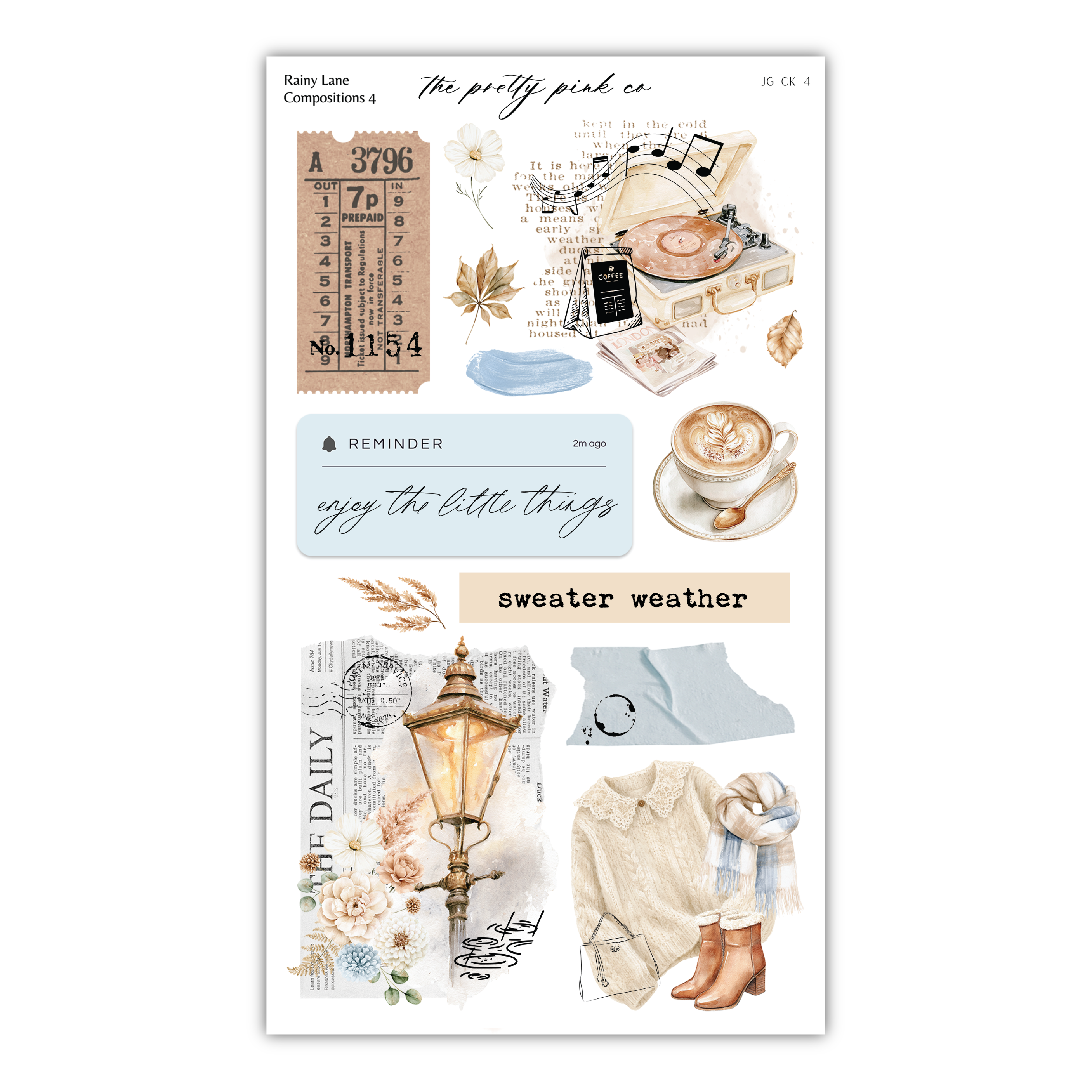 The image is a collage of various elements, including a ticket, a teapot, a cup, a lamp, and a sweater, all arranged in a visually appealing manner.