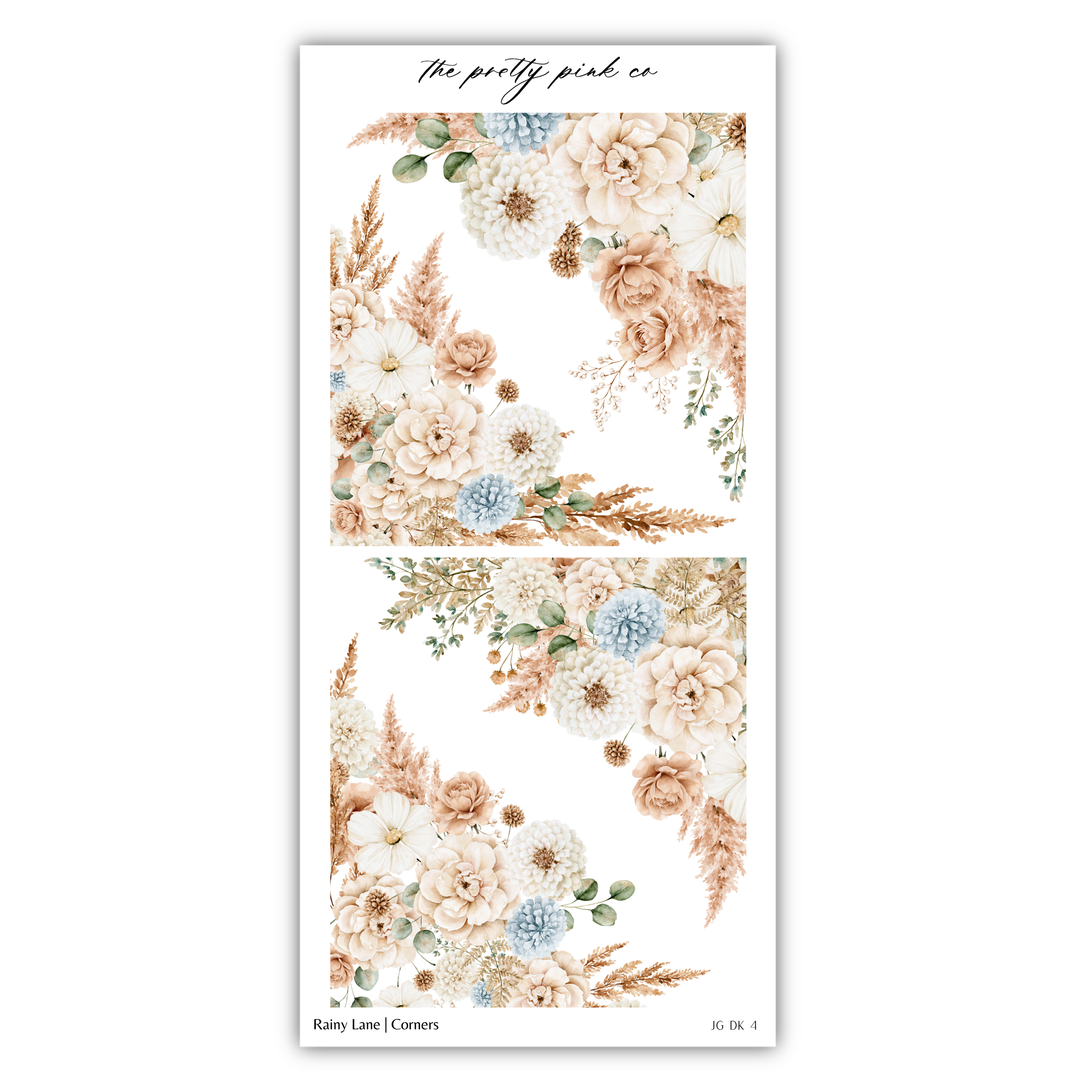 The image is a collage of two floral images, each featuring a variety of flowers and greenery. The flowers are predominantly white, peach, and blue, creating a harmonious and visually appealing composition. The collage is titled "The pretty pink co" and includes the text "Rainy Lane / Corners" at the bottom, suggesting that the images are related to a specific location or theme.