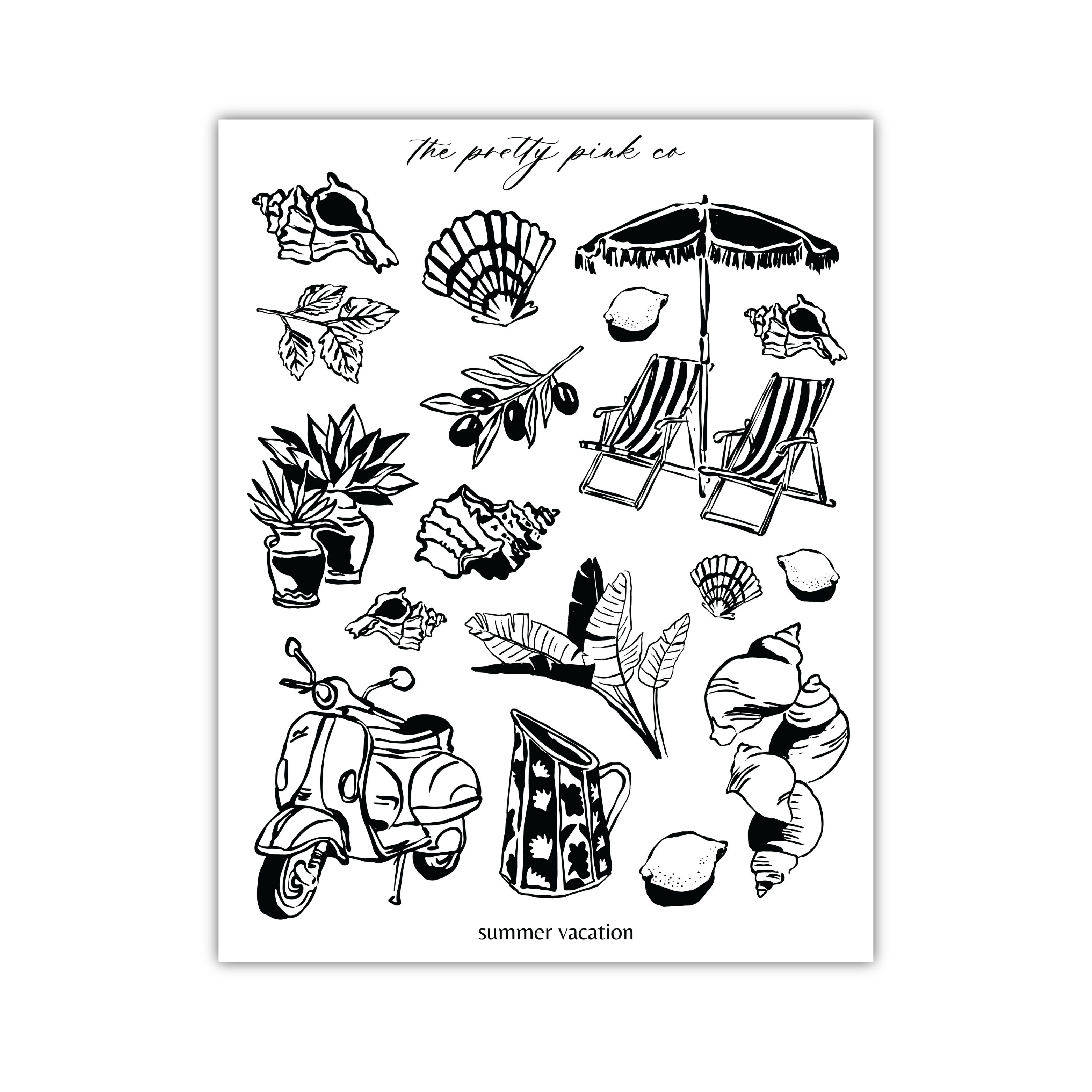 various black and white illustrations of summer vacation-related objects, including a scooter, umbrella, lounge chairs, seashells, and other beach-themed items.