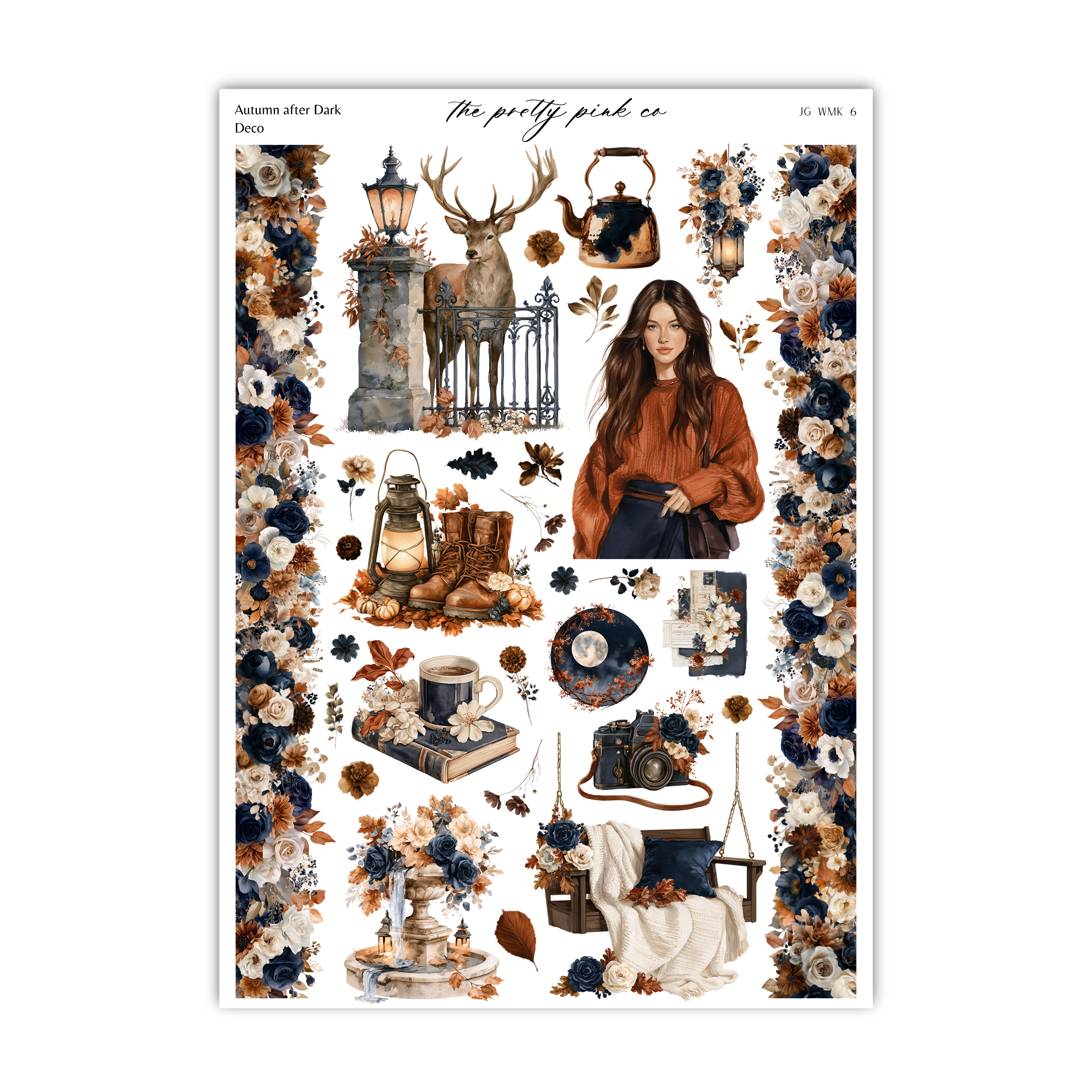 The image is a collage of various autumn-themed items, including a deer, a woman, a teapot, a lantern, a book, a vase of flowers, and a basket of apples.