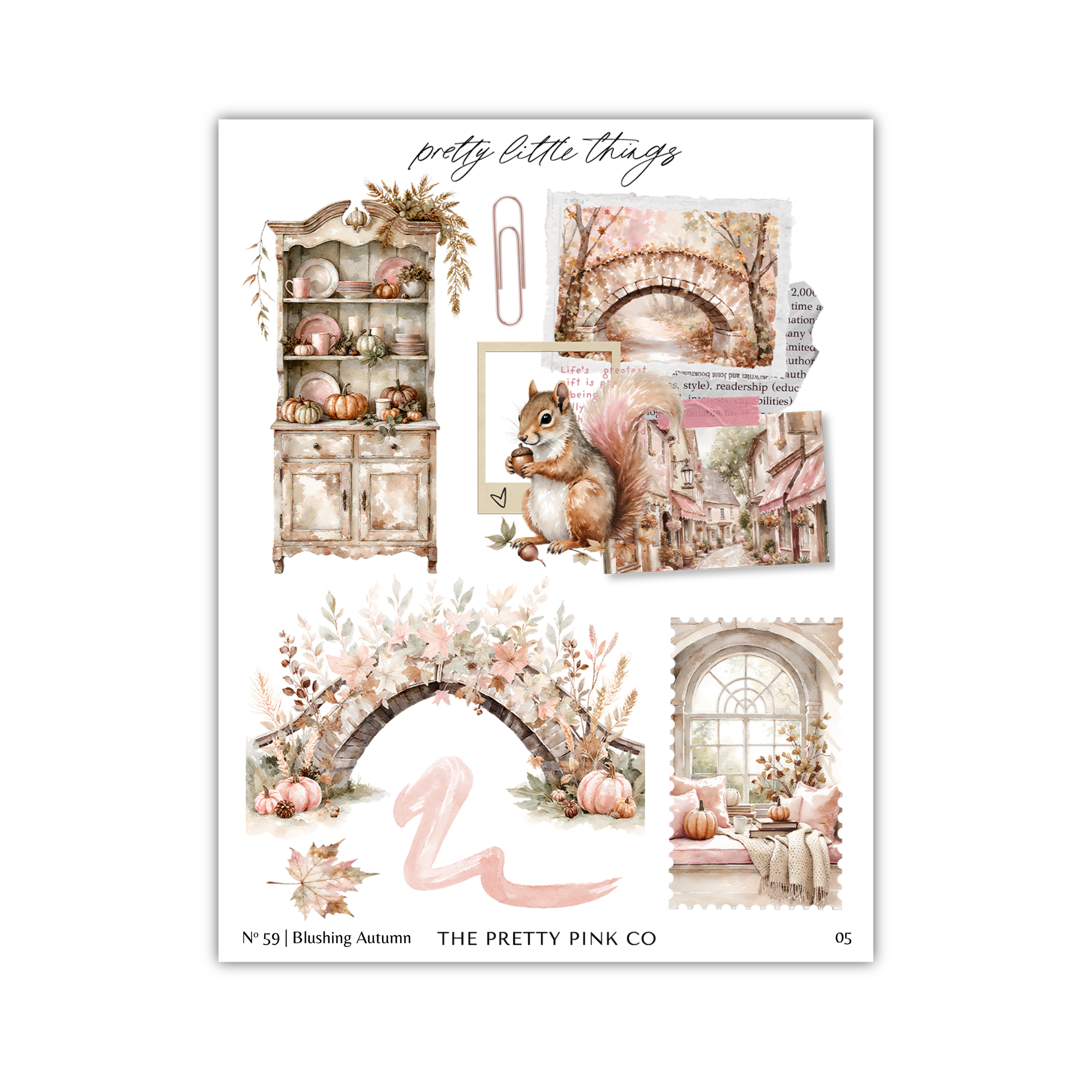 The image is a collage of various autumn-themed elements, including a squirrel, a cabinet, a bridge, pumpkins, and flowers. The collage is titled "pretty little things" and includes a pink and white color scheme.